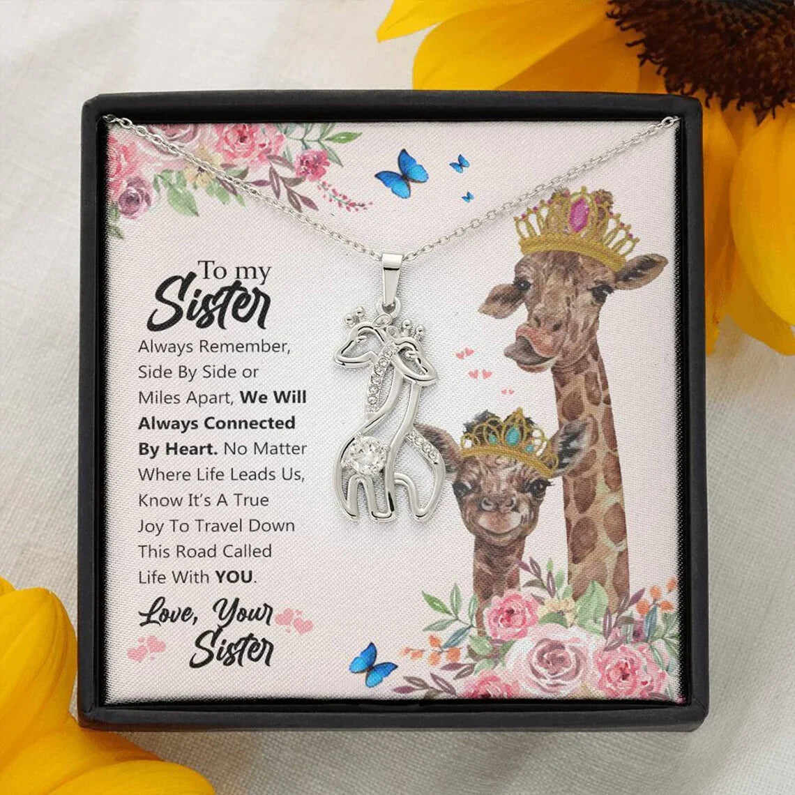 To My Sister -We will Always be Connected by Heart Giraffe Necklace