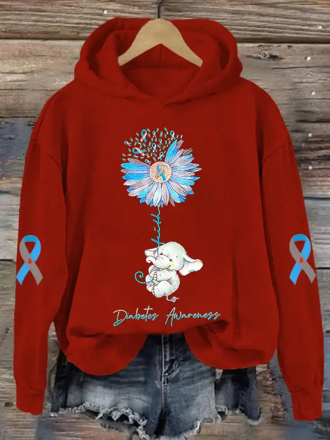 Women's Diabetes Awareness Faith Elephant Ribbon Print Hoodie