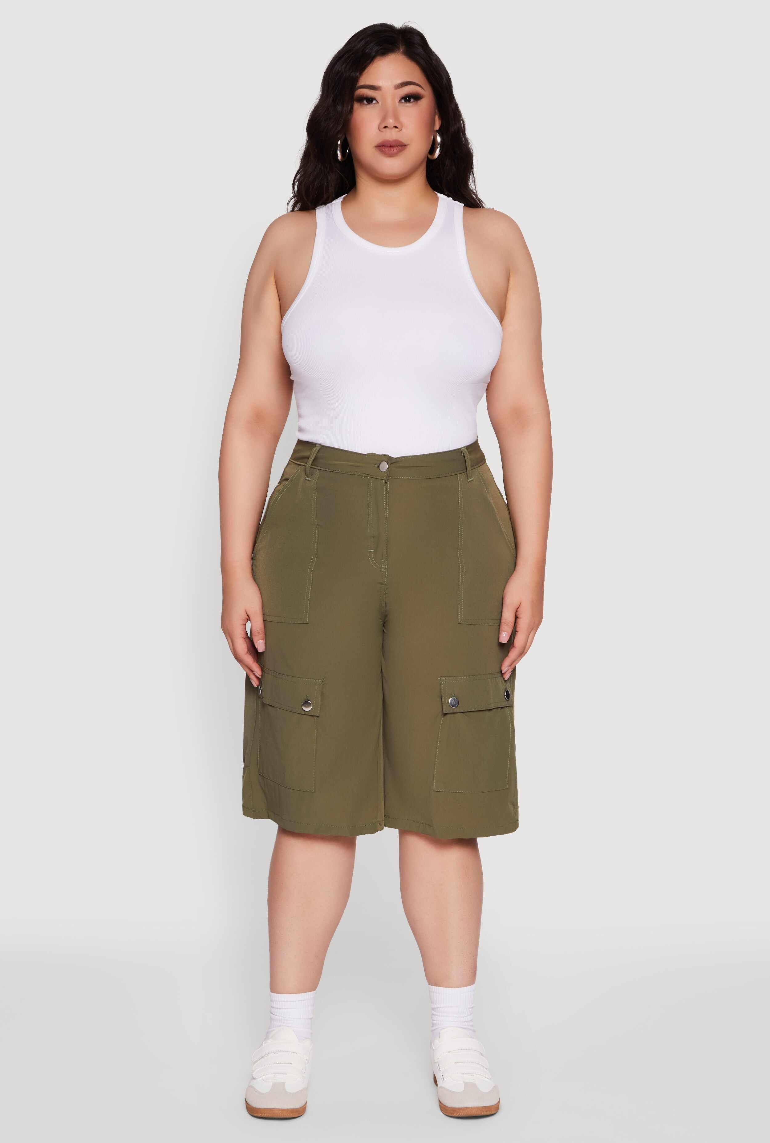 Plus Size High Waisted Solid Nylon Cargo Shorts