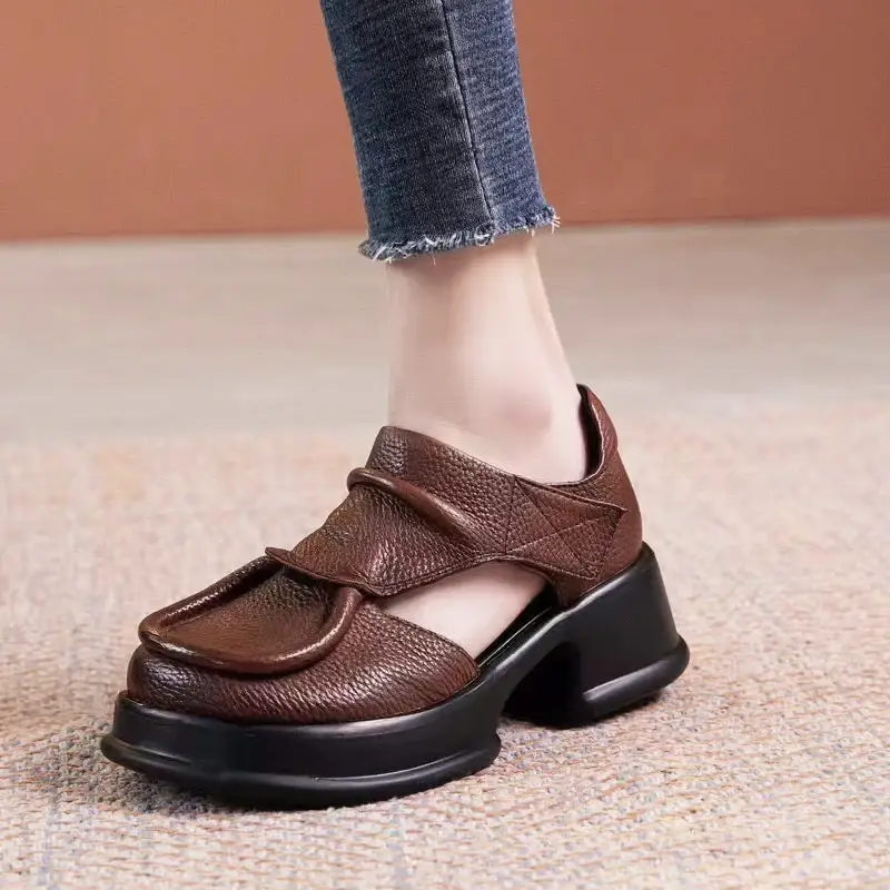 Women'S Thick Sole Hollow High Heeled Sandals With Velcro