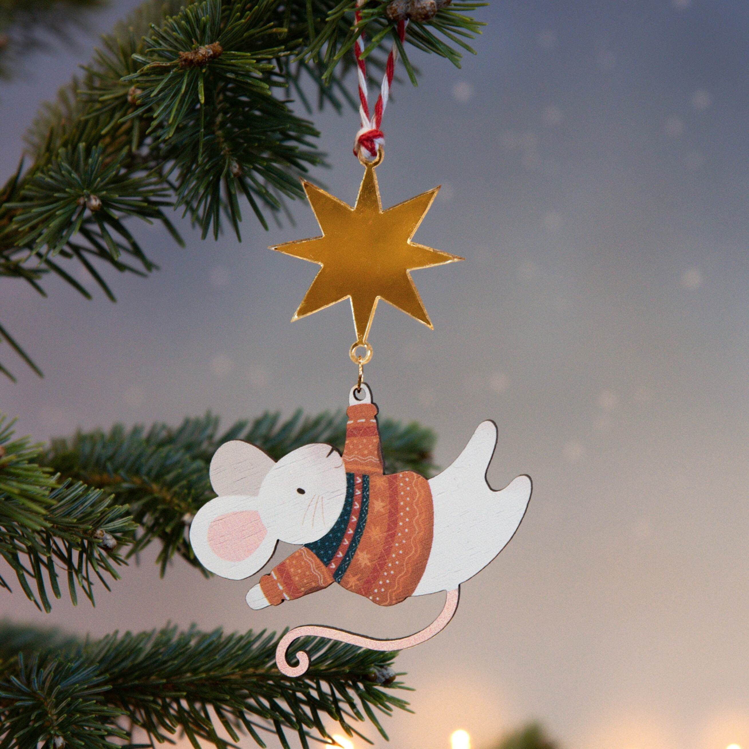 Christmas Mouse & Star Wooden Decorations