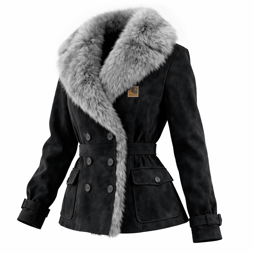 Women's Elegant Double-breasted Blue Suede Coat With Fur Collar