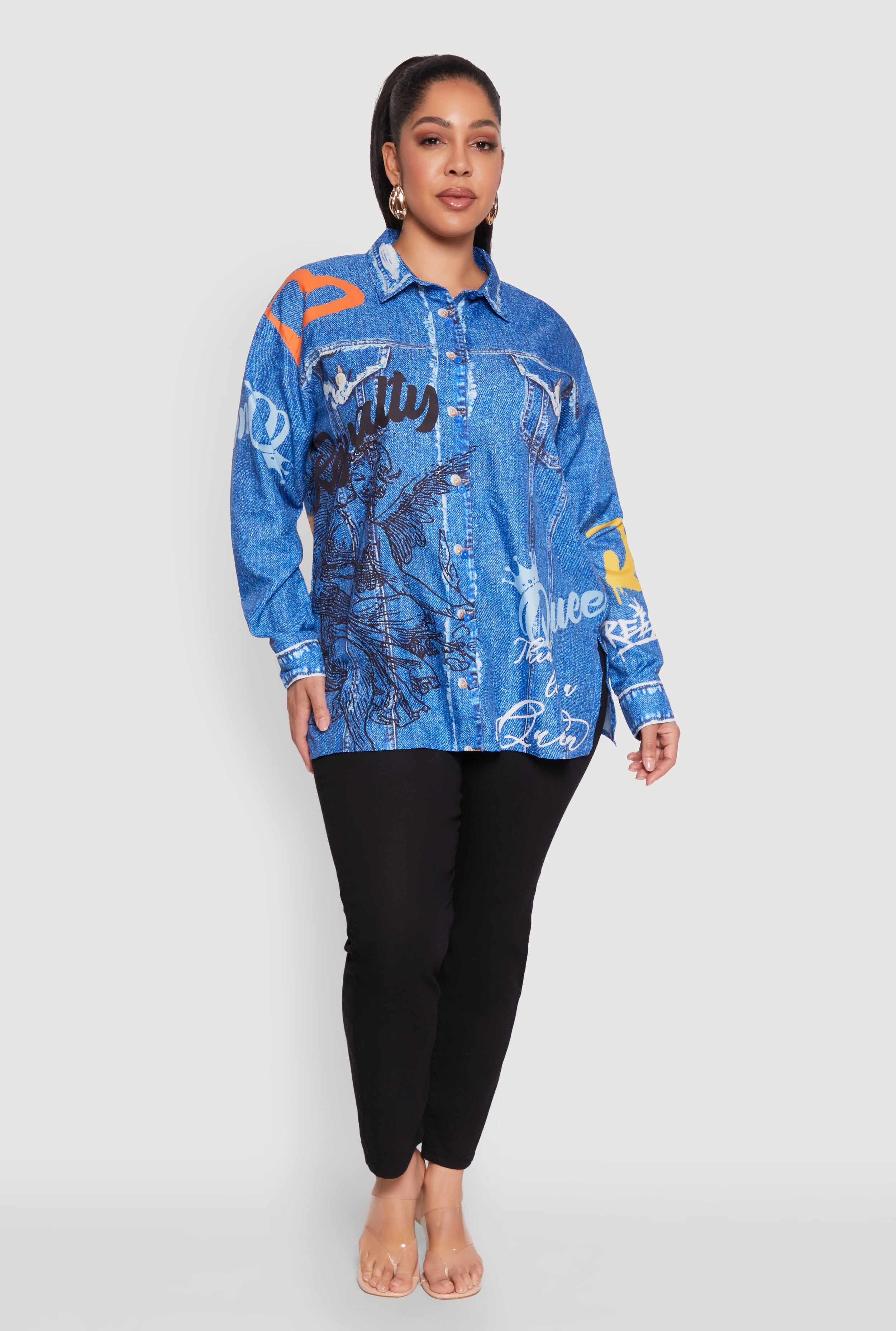 Plus Size Graffiti Denim Graphic Shirt