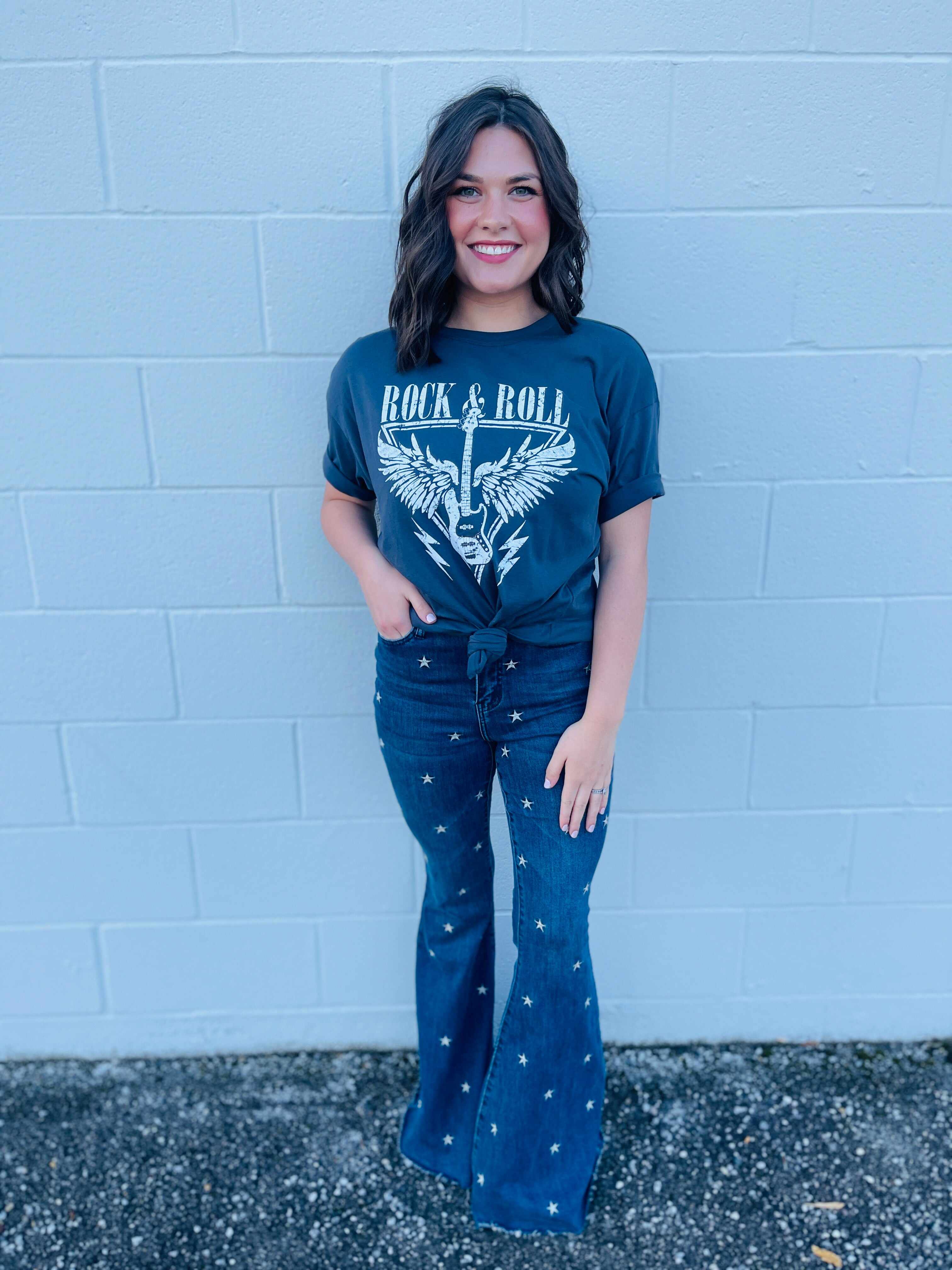 PLUS/REG Wishing On A Star Embroidered Flared Jeans