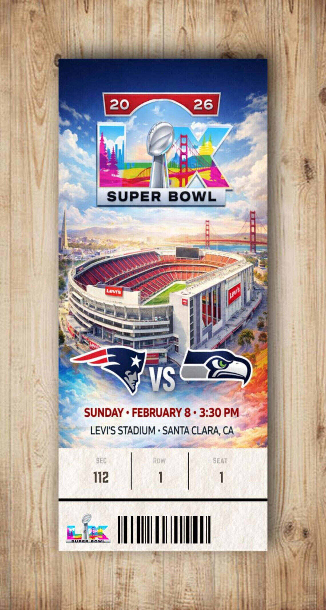 Customized SEATTLE seahawks vs NE patriots superbowl LX 2026 commemorative ticket any seat