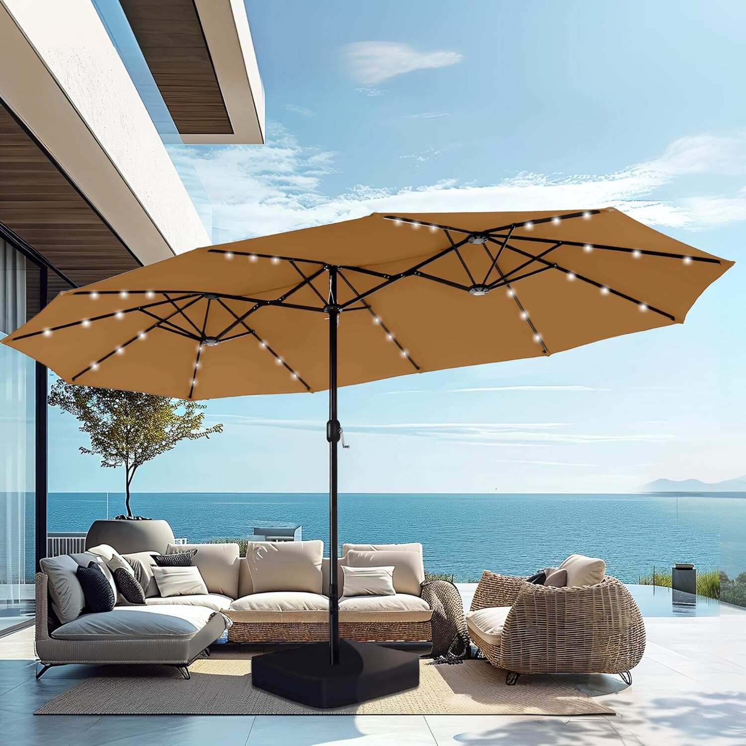 15ft Double-Sided Rectangular Patio Umbrella with Solar LED Lights & Base