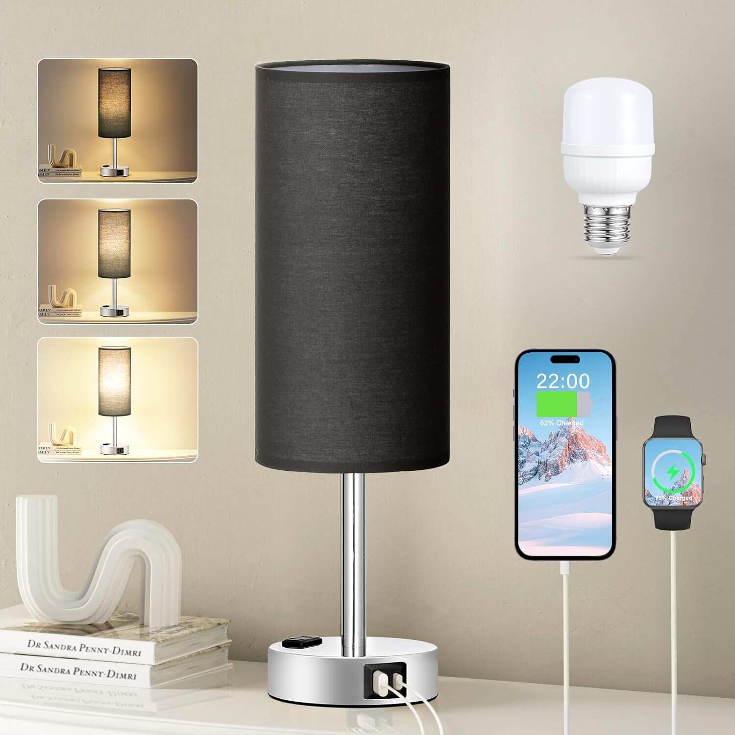 Bedside Table Lamp for Bedroom - 3 Way Dimmable Touch Lamp USB C Charging Ports and AC Outlet, Small Lamp Wood Base Round Flaxen Fabric Shade for Living Room, Desk, LED Bulb Included