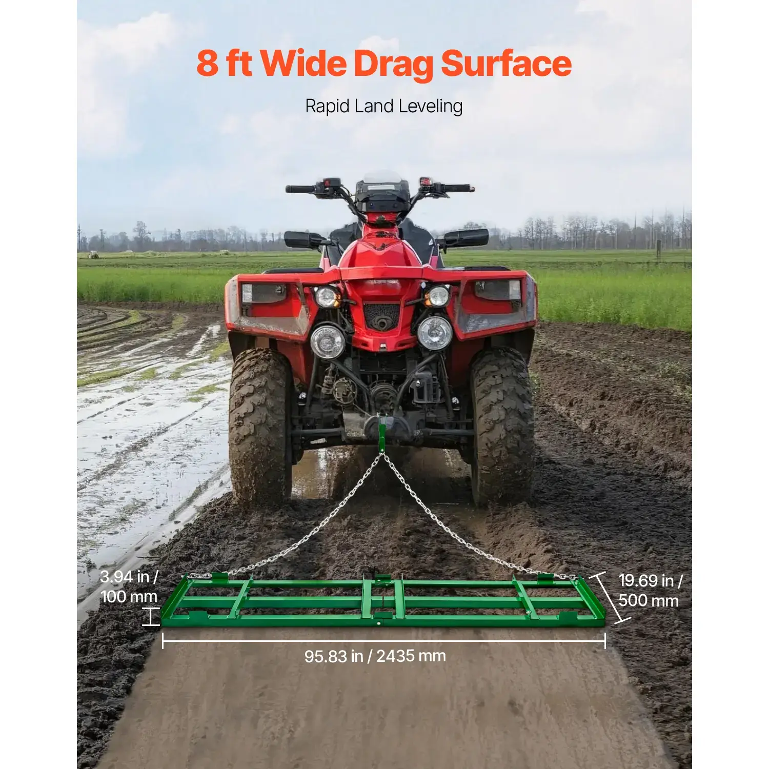 Drag Harrow, 8 ft Heavy Duty Tow Behind Drag Harrow with Adjustable Bars & 72 in Chain, Driveway Grader Landscape Rake for ATV, UTV, Tractor, Mower Tow Behind Yard Lawn Leveling Tool