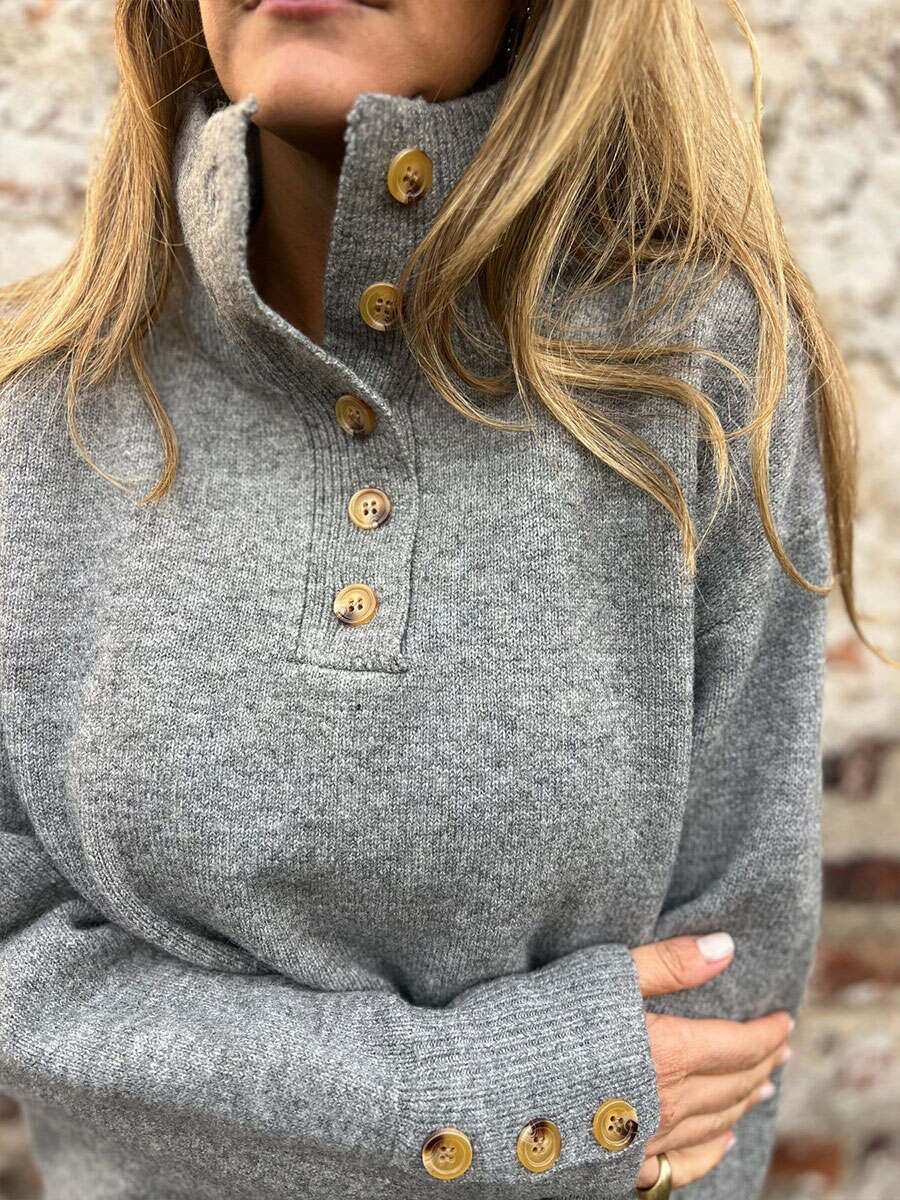 Women's Stand-up Collar Knit Solid Color Button Casual Loose Sweater