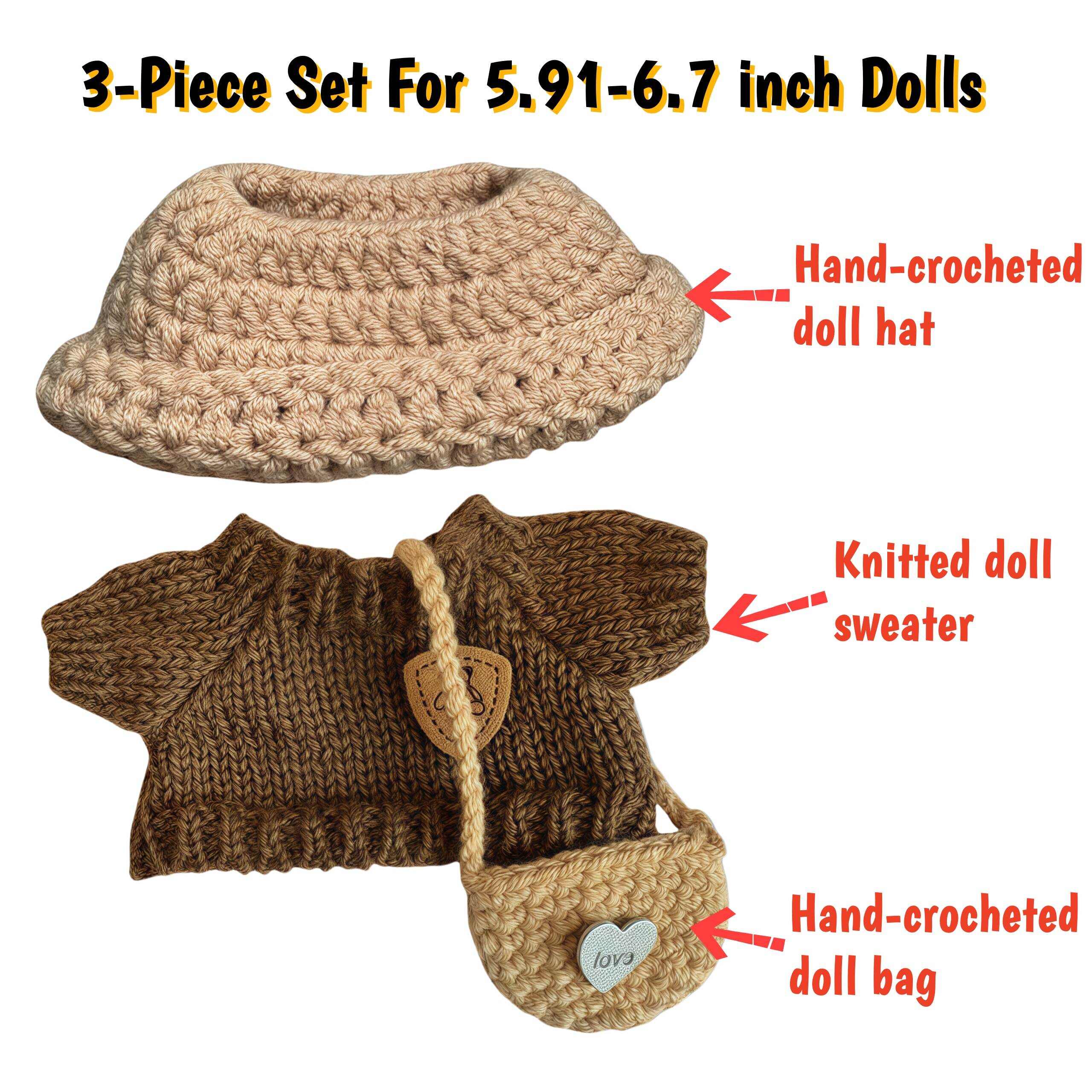 3-Piece Handcrafted Crochet Doll Clothes - Premium Dolls Outfit with Accessories, Hand Crocheted Hat, Sweaters, Bag