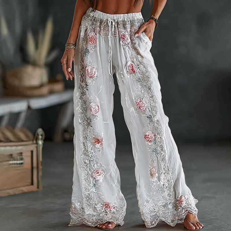 Women's Vintage Spring Floral Embroidered Art Print Flowy Linen Blend Casual Pants
