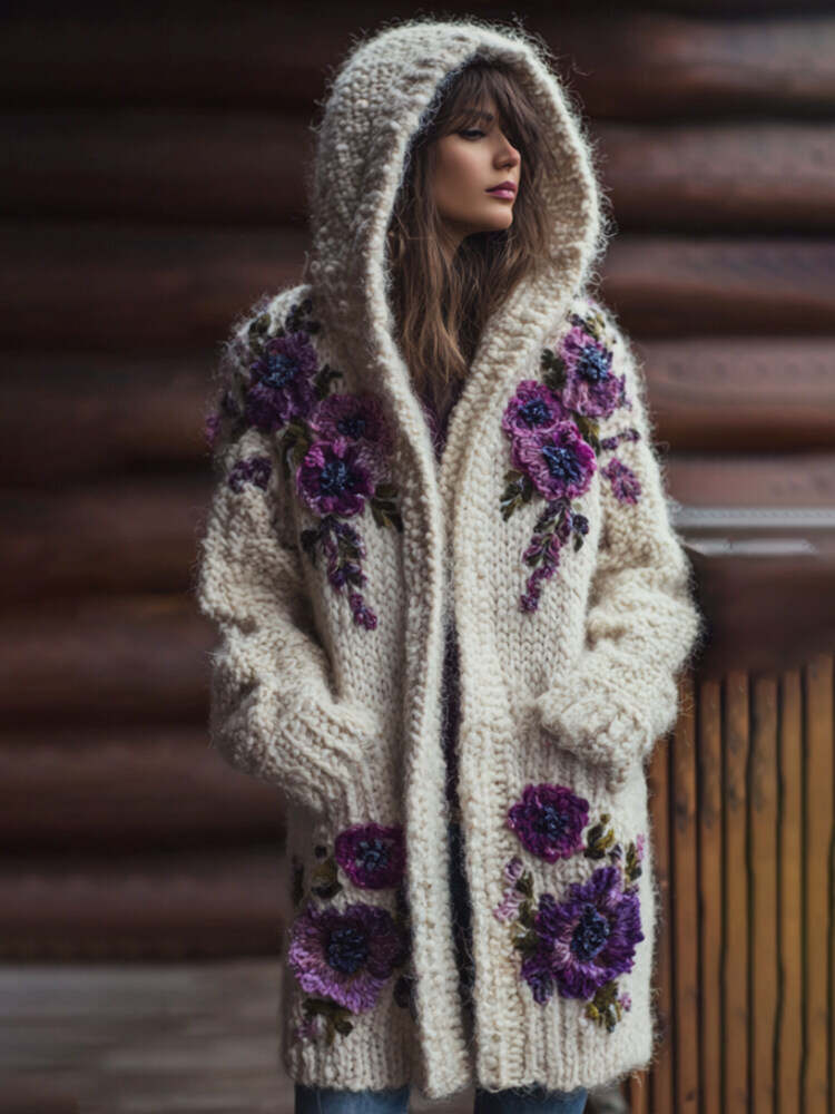 Women's Purple Flower Vintage Mid-length Hooded Sweater