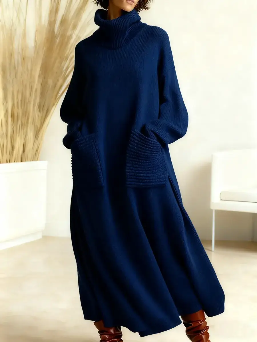 🔥Summer Arrivals🌟Women's Solid Color High-Neck Long-Sleeve Casual Loose Knit Dress