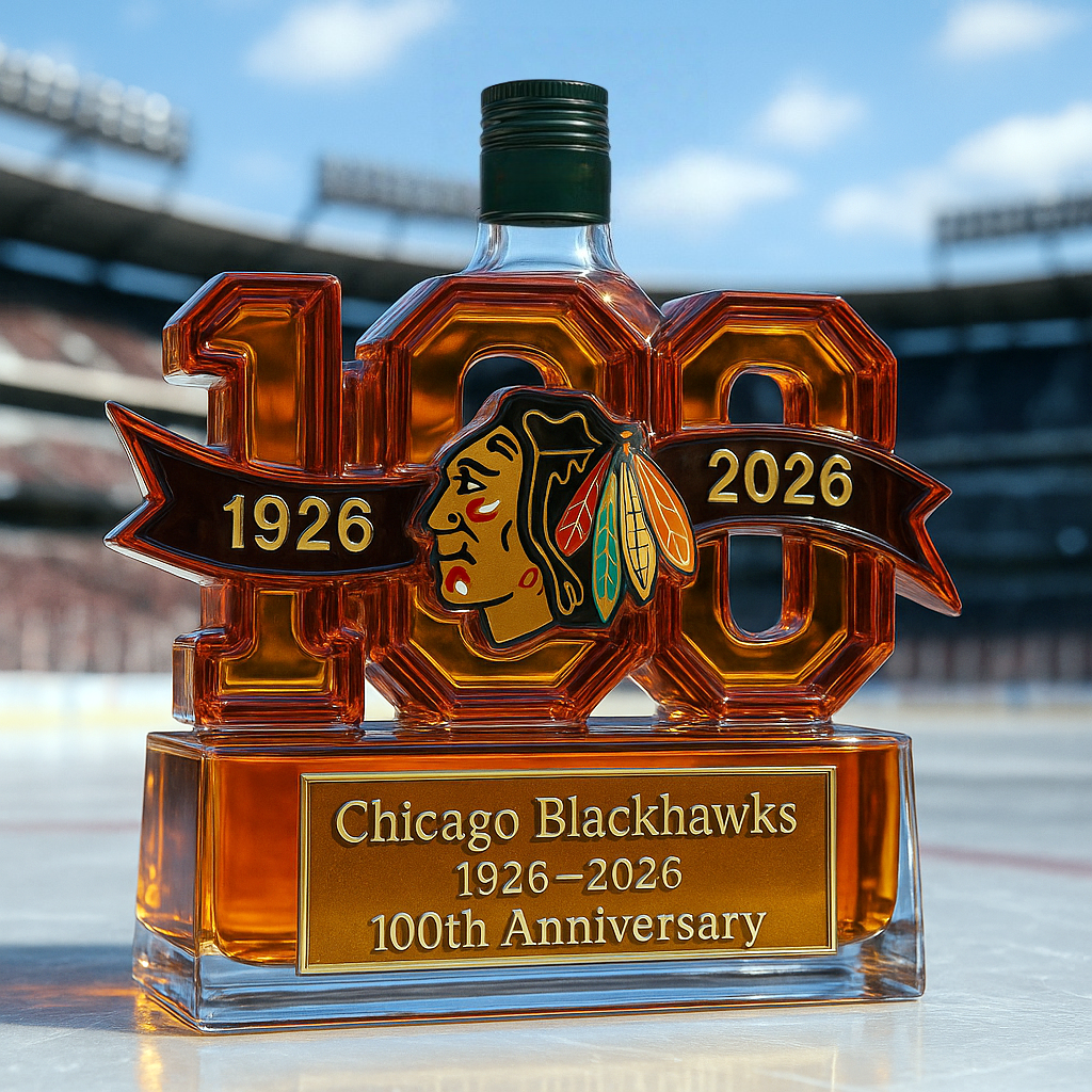 Chicago Blackhawks 100th Anniversary Whiskey Bottle