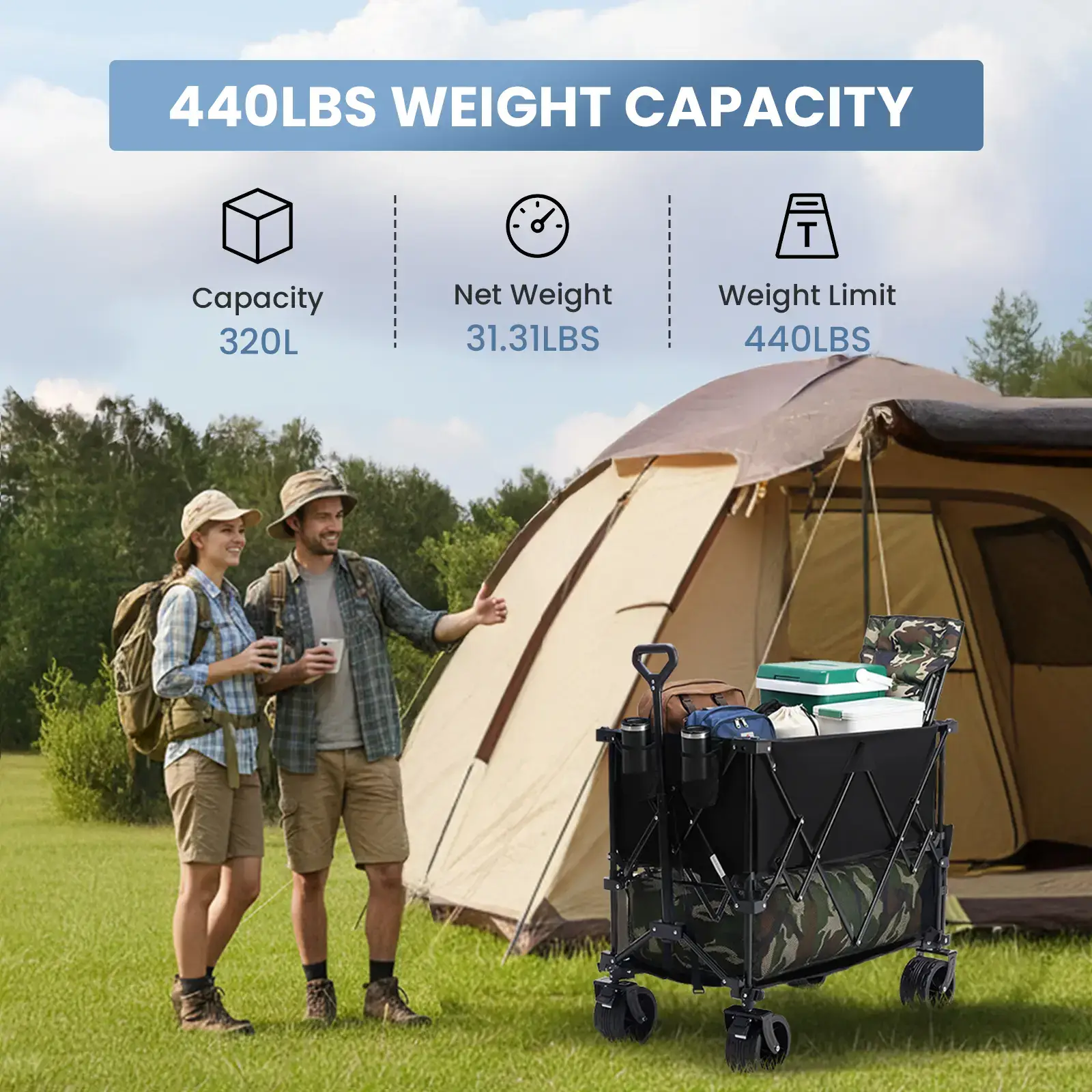 320L Outdoor Folding Double-Decker Wagon with Brakes, 440 lbs Capacity, Flexible Handle, All-Terrain Big Wheels, Compact Pack & Foldable Size for Grocery, Camping