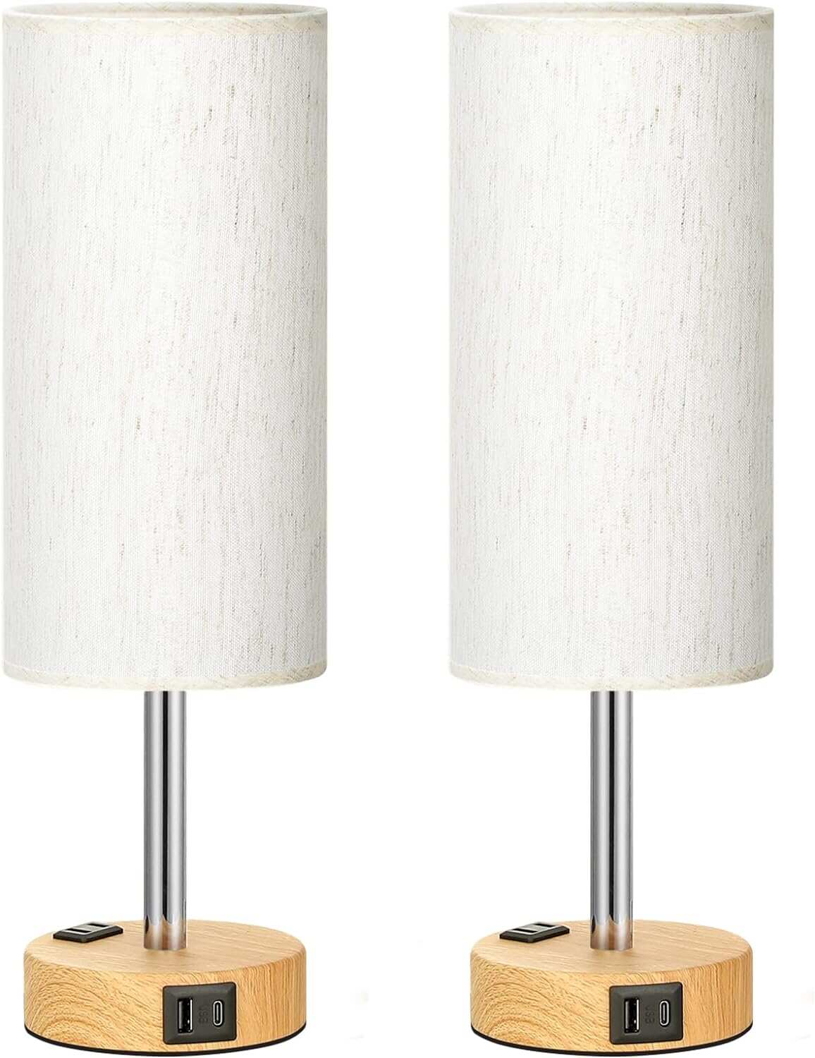 Bedside Table Lamp for Bedroom - 3 Way Dimmable Touch Lamp USB C Charging Ports and AC Outlet, Small Lamp Wood Base Round Flaxen Fabric Shade for Living Room, Desk, LED Bulb Included
