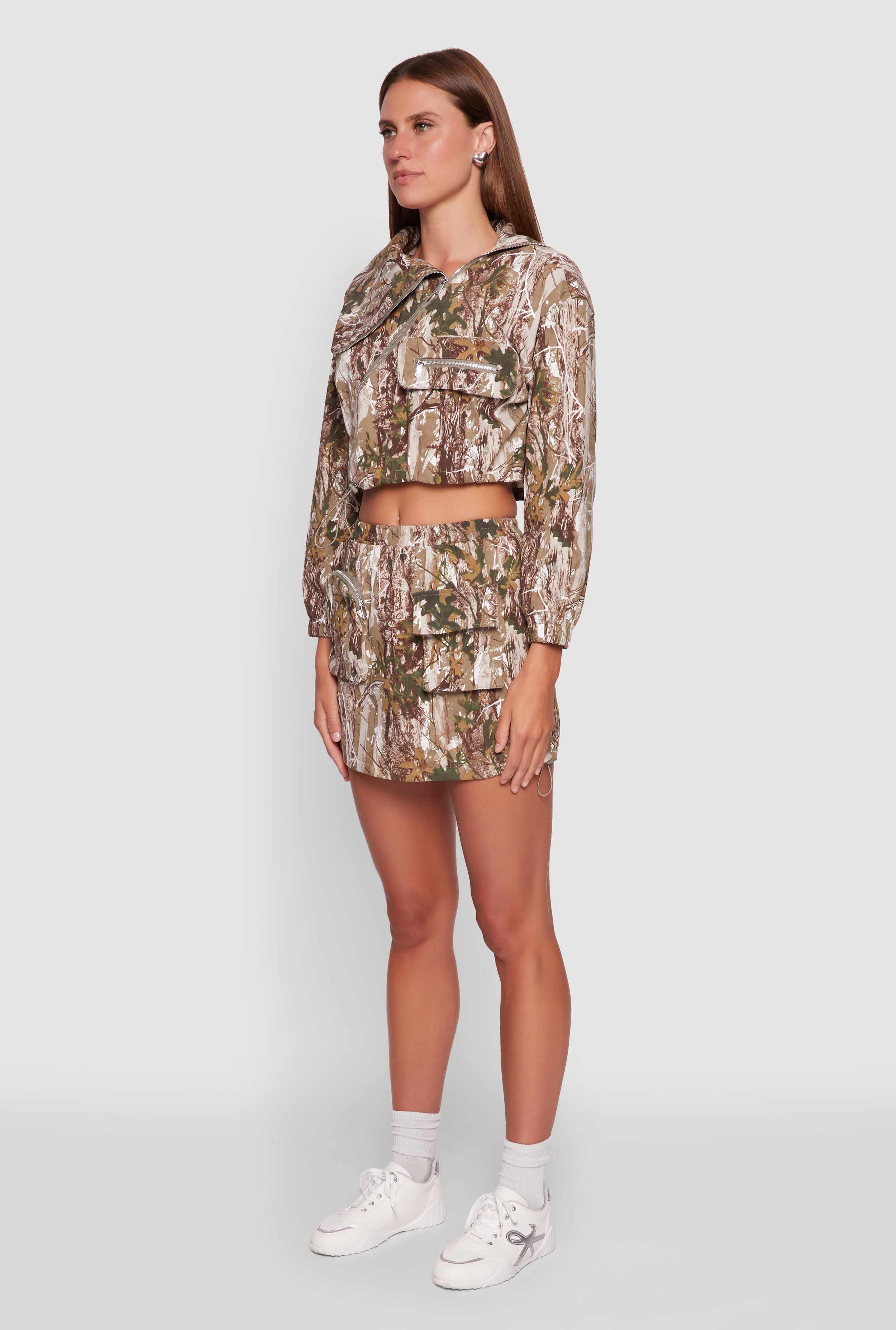 Hunter Camo Drawstring Hem Zip Neck Cropped Jacket