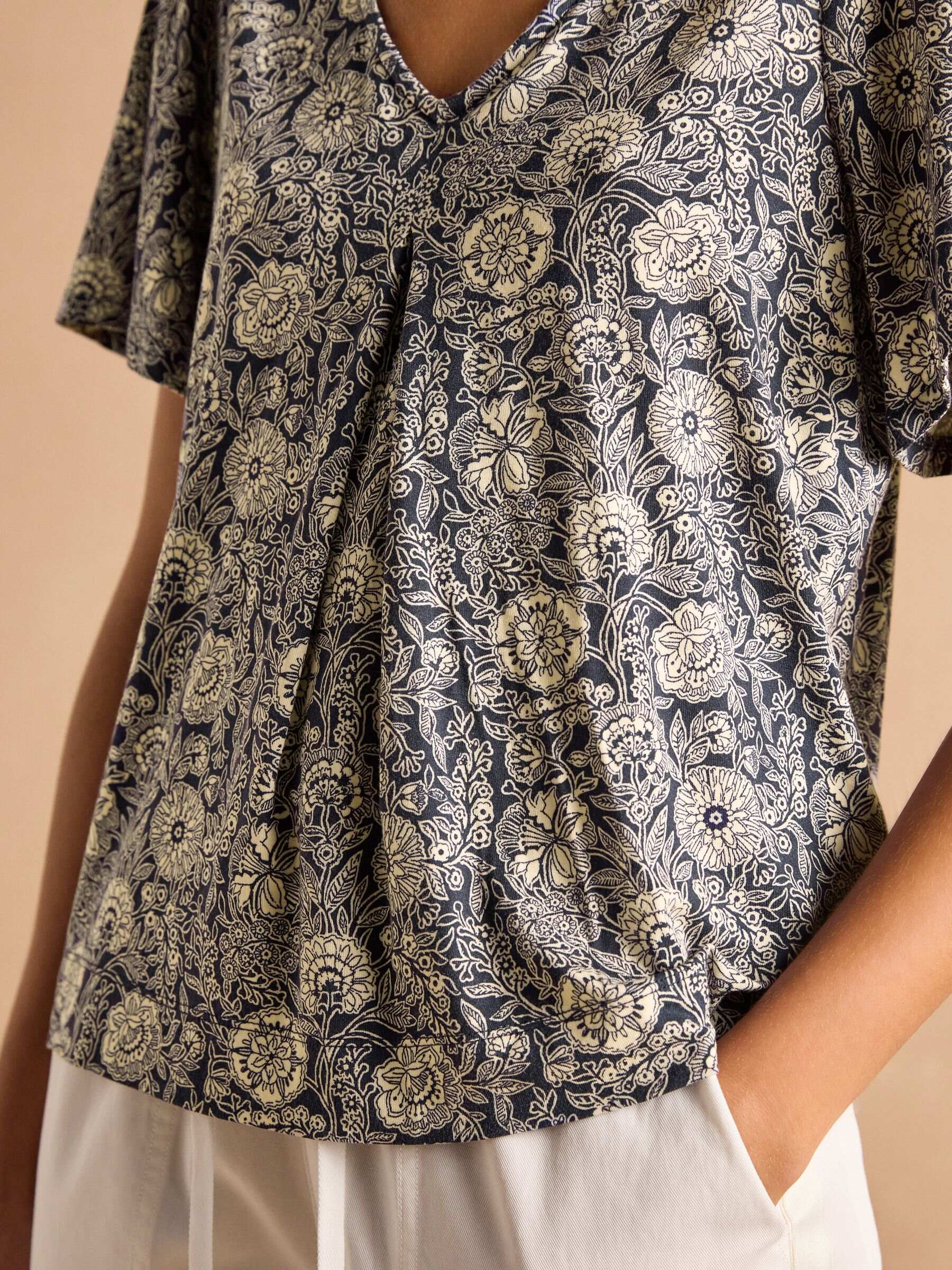 Nia Navy Pleat Front Jersey Top