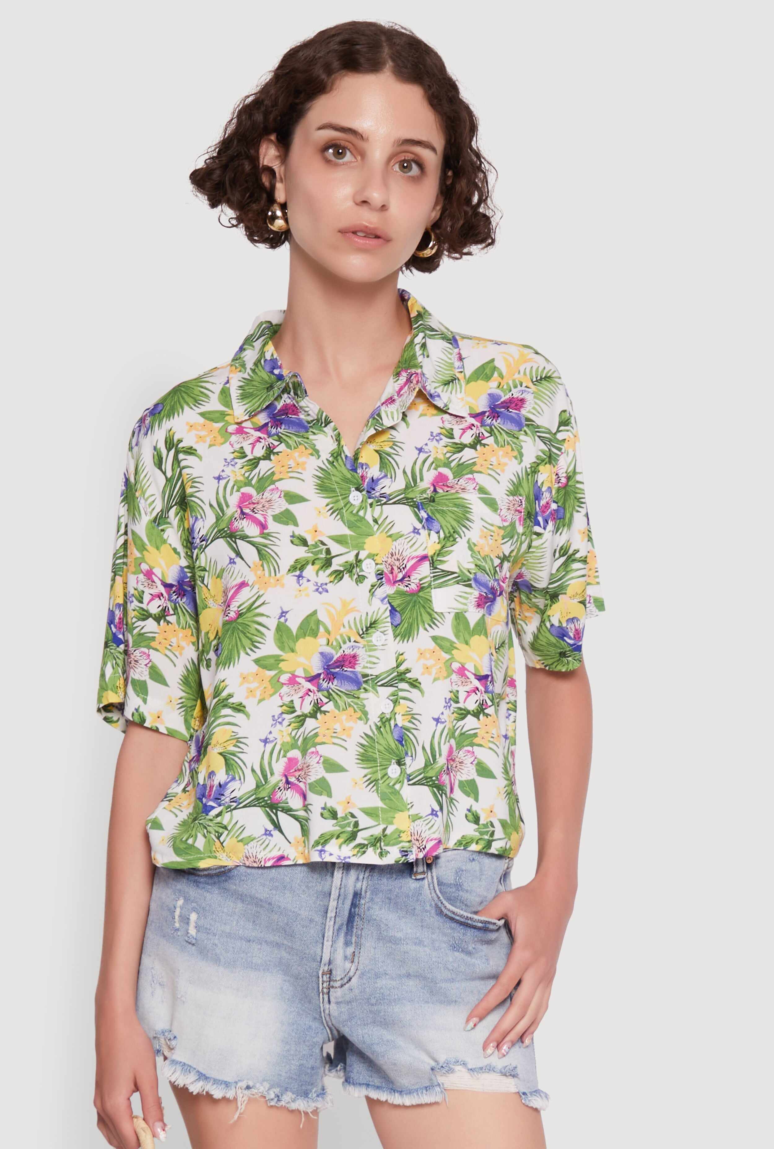 Trendy Tropical Floral Button Front Short Sleeve Shirt