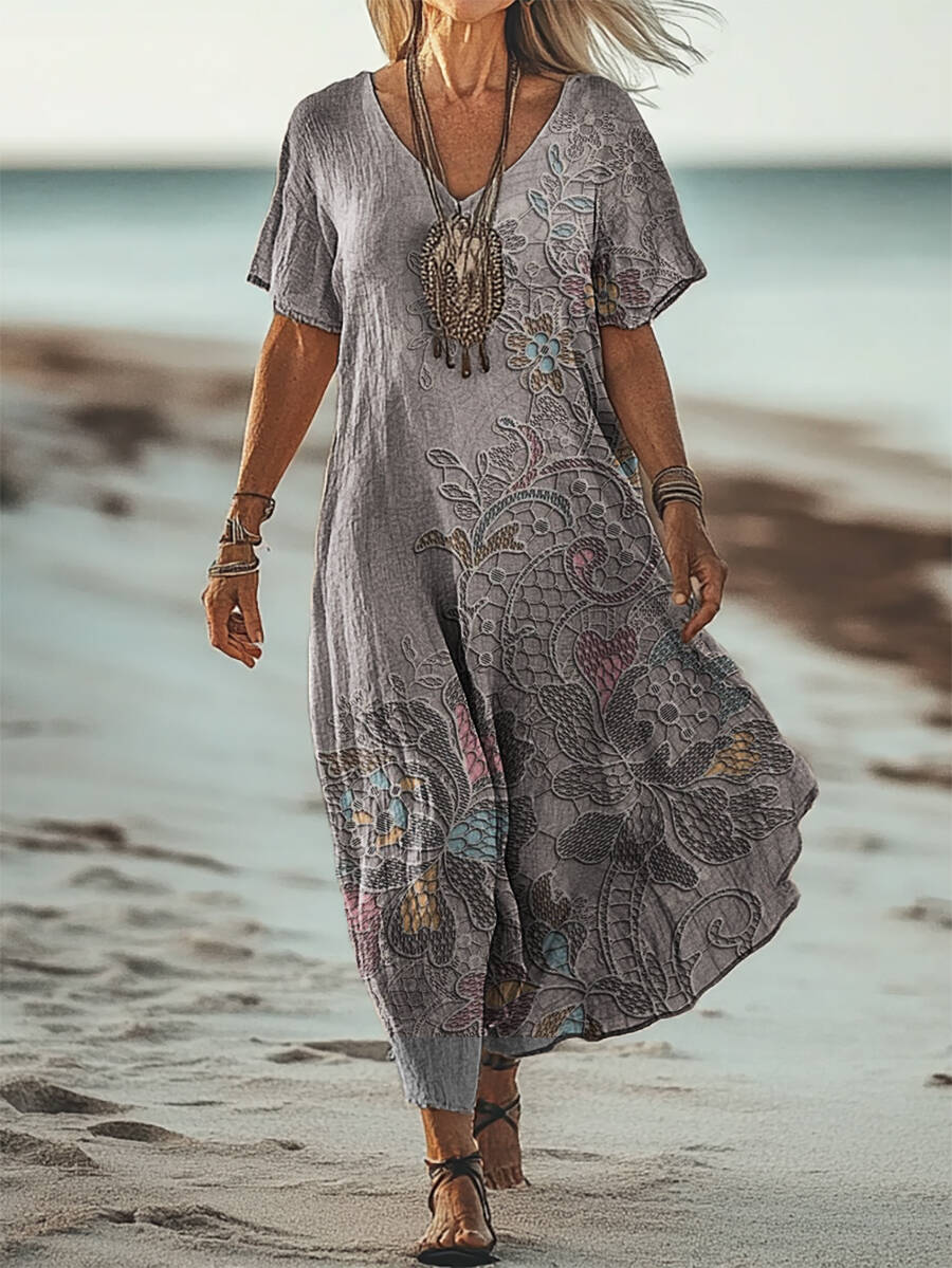 Women's Vintage Ethnic Floral Art Patterns Print Short Sleeve Pocket Cotton Linen Dress