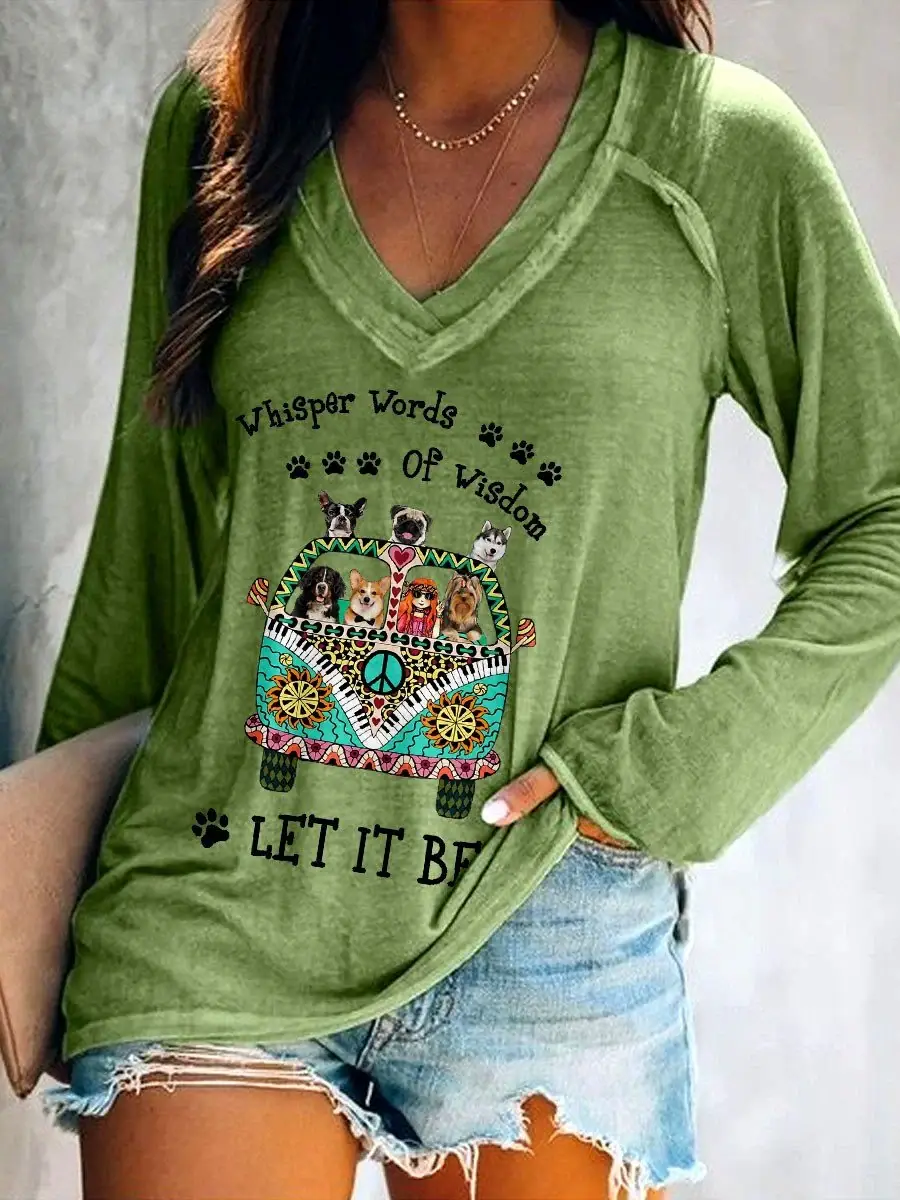 Women's Whisper Words Of Wisdom Let It Be Hippie Car Dog Lover Gift Classic V-neck Long Sleeve T-shirt