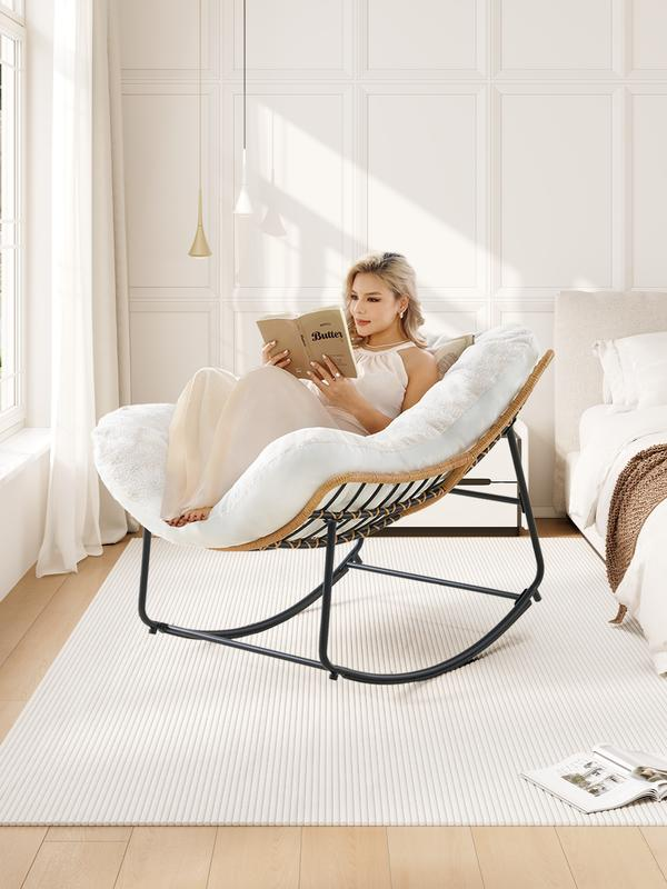 【Double-Side Fabric & SPOTLIGHT DAY】ONBRILL Oversized Indoor Outdoor Rocking Chairs, Comfy Papasan Rocking Chair with Padded Cushion, Rattan Wicker Lounge Chair, Modern Reading Accent Chair for Balcony Garden, LivingRoom Furniture,Christmas Gift
