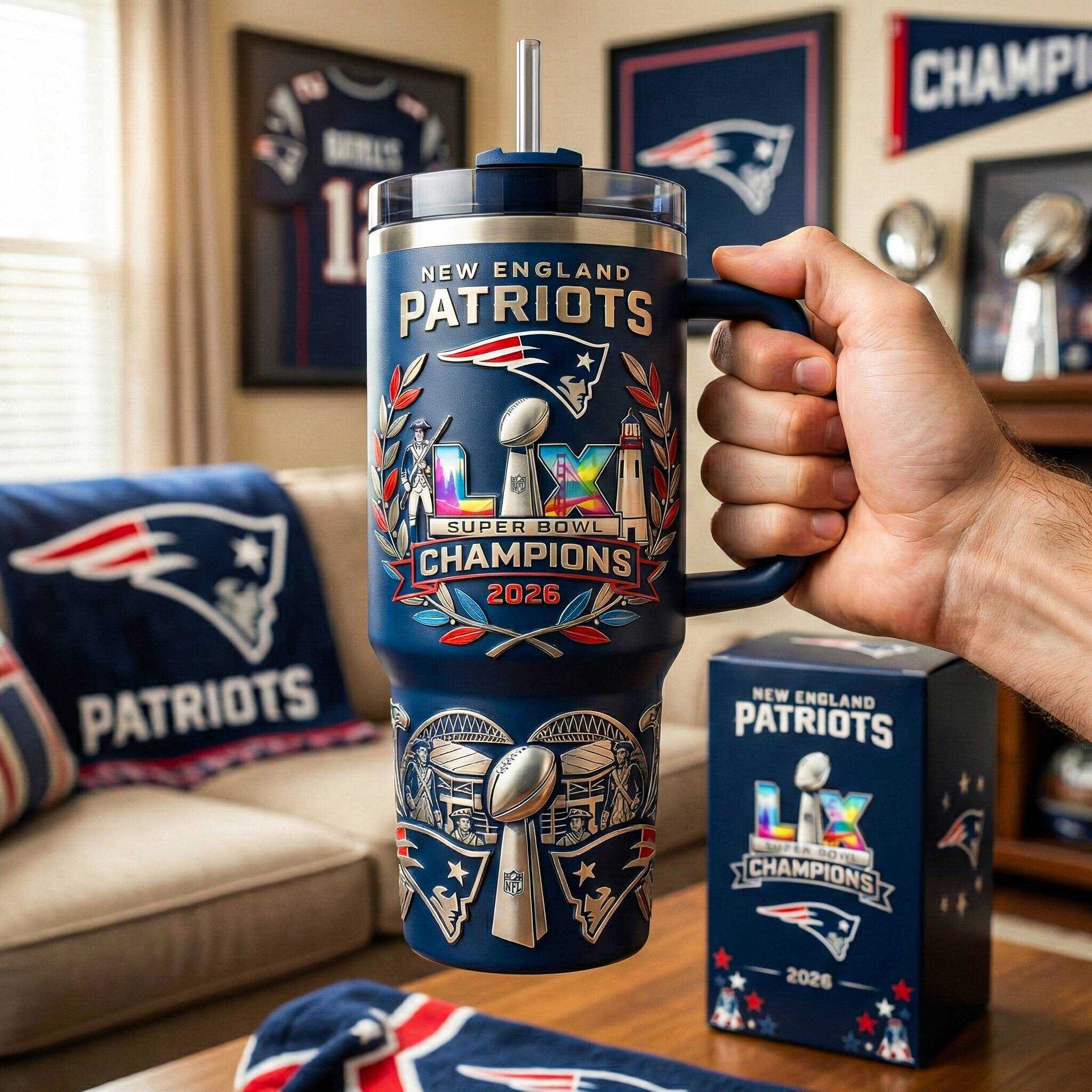 🏆 New England Patriots – Super Bowl LX Champions Commemorative Tumbler