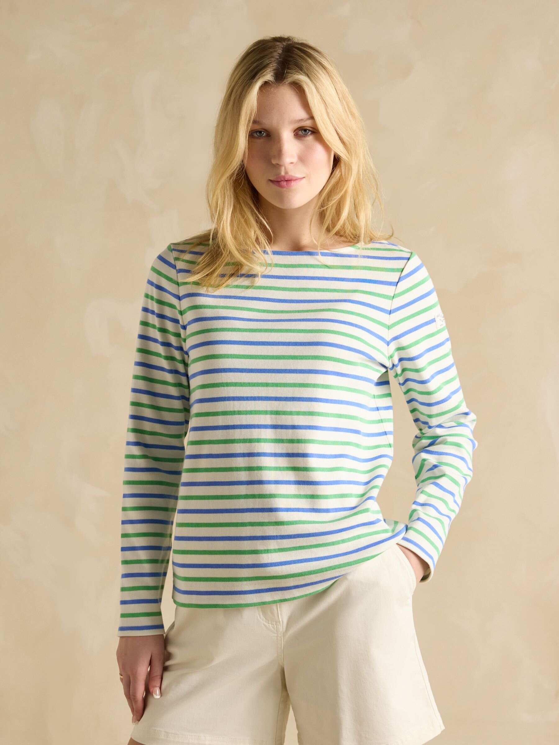 Harbour Green Blue Striped Boat Neck 100% Cotton Breton Top