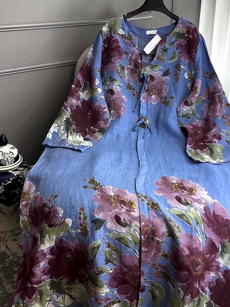🔥Summer Arrivals🌟Women's V-neck Long Sleeve Vintage Positioning Print Casual Loose Cotton and Linen Dress