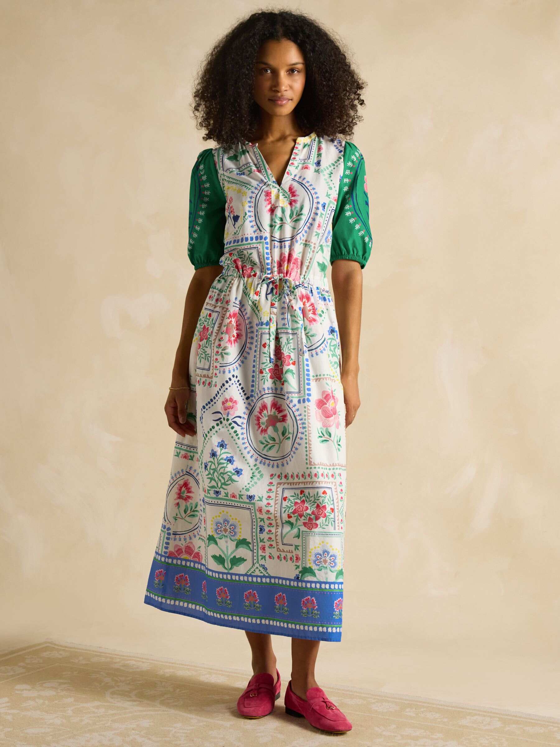 Florence Cream Tile Print Cotton Midi Dress