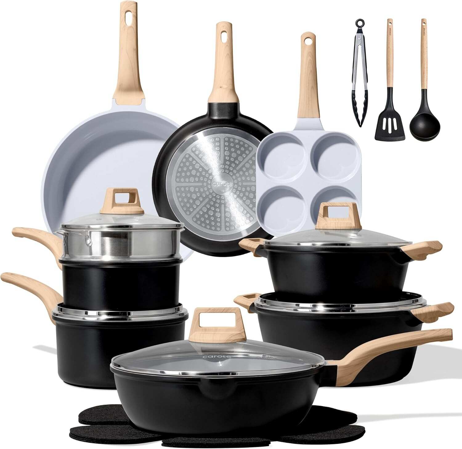 CAROTE ICE 35pcs Pots and Pans Set, Nonstick Cookware Sets, White Granite Induction Cookware with Kitchen Knife Set