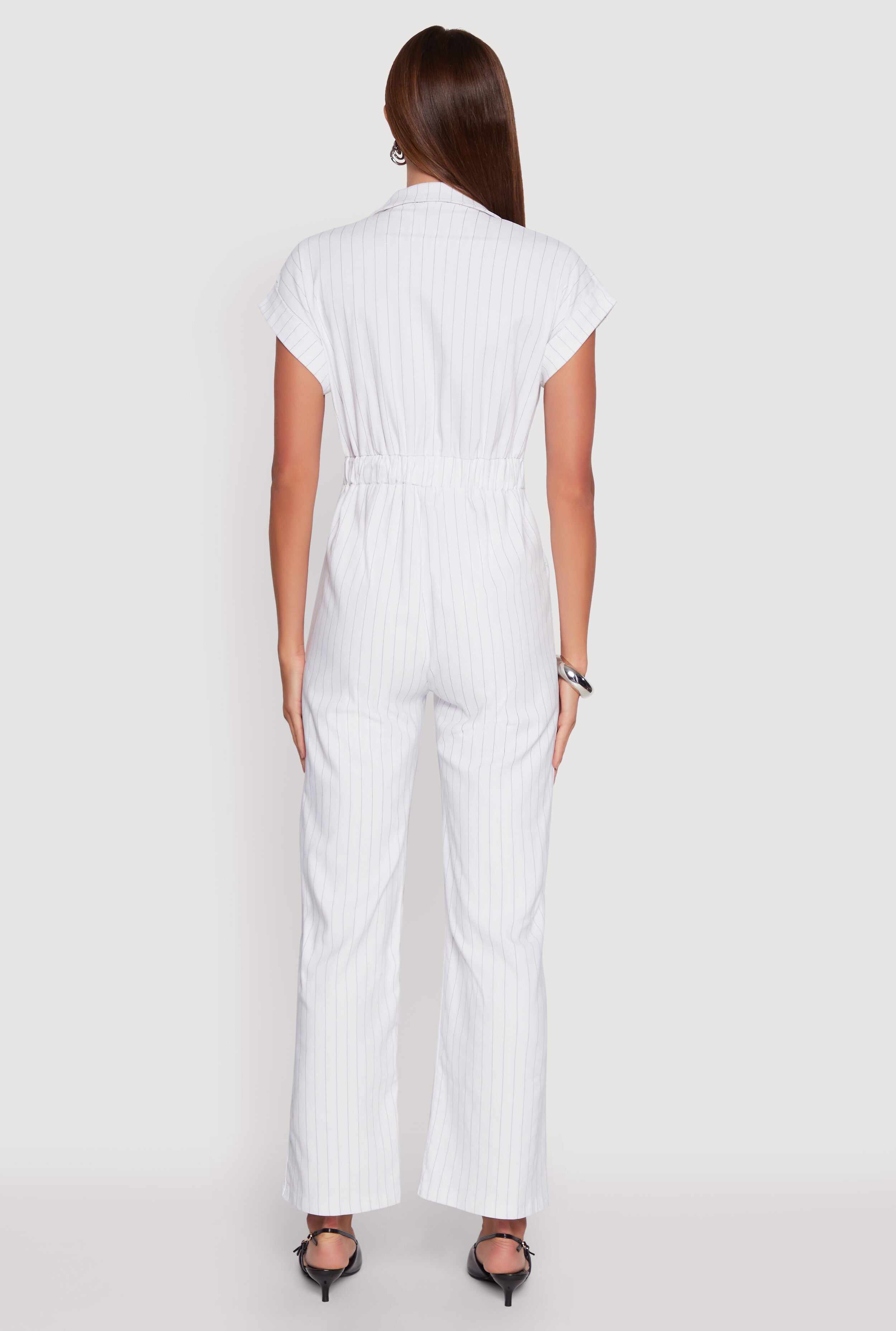Trendy Pinstripe Button Front Pleated Jumpsuit