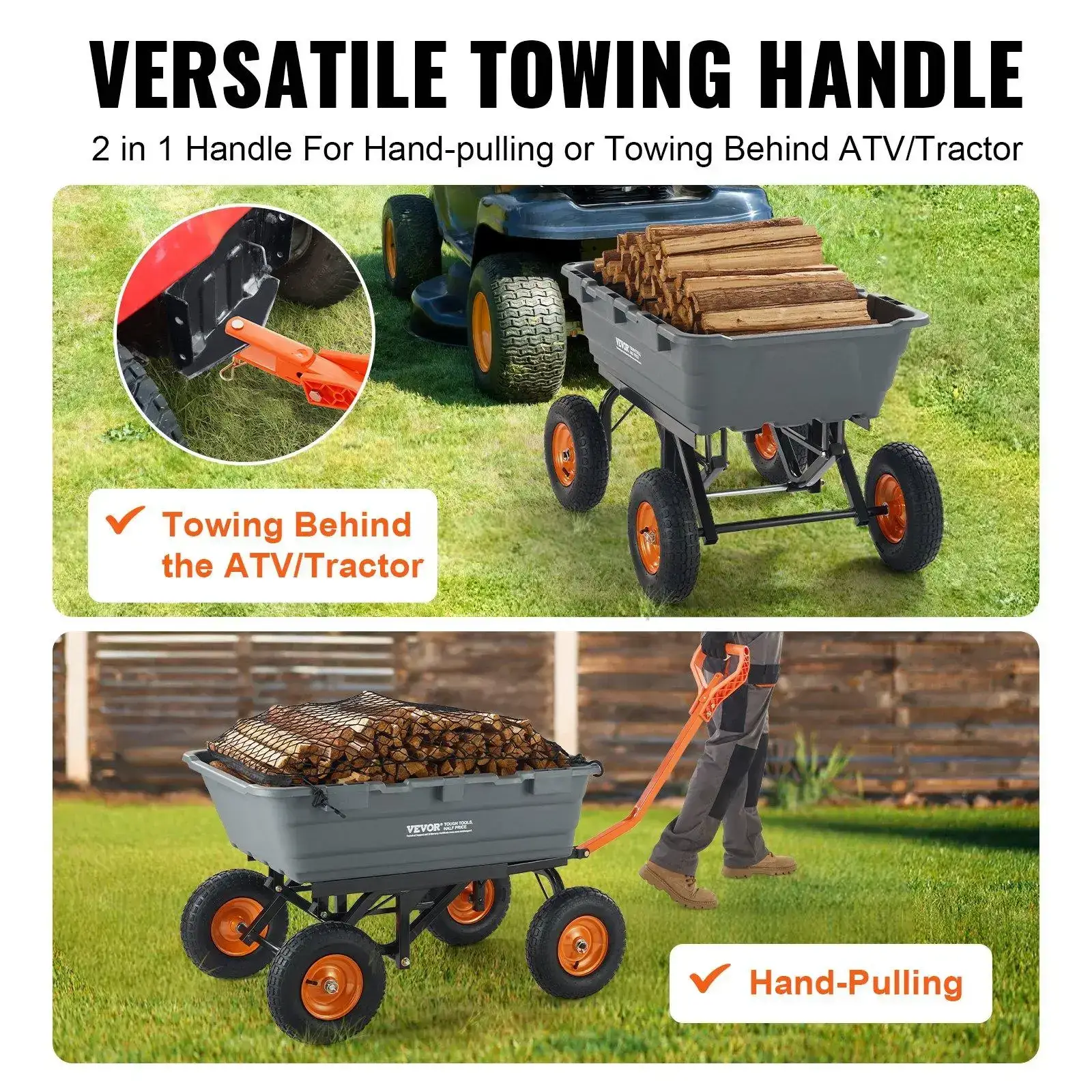 Polyethylene Garden Dump Cart – Features an easy-to-assemble steel frame, a 2-in-1 convertible handle, and 13-inch tires; 1,500 lb maximum load capacity.