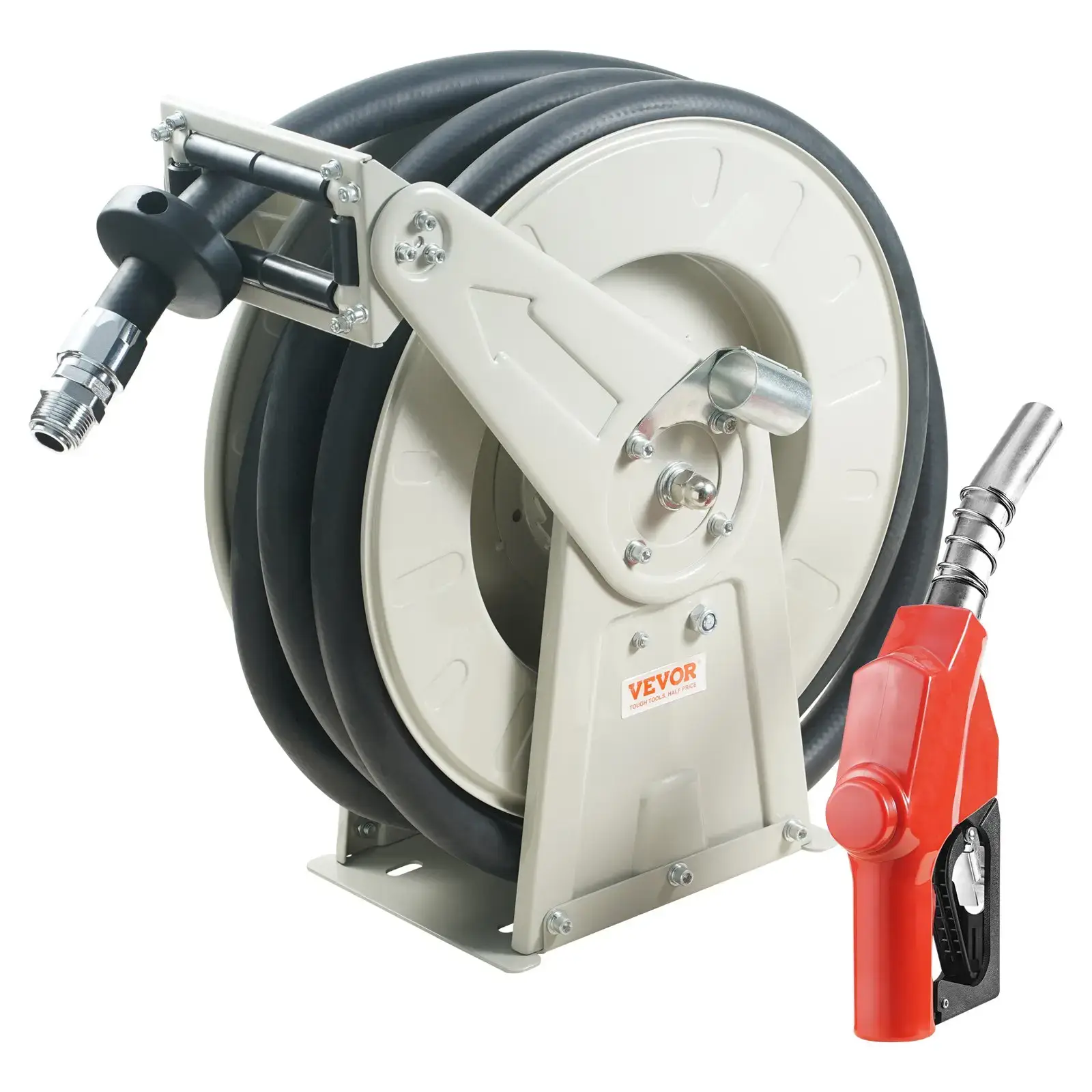 Fuel Hose Reel,Extra Long Retractable Diesel Hose Reel, Heavy-Duty Carbon Steel Construction with Automatic Fuel Nozzle, NBR Rubber Hose for Aircraft Ship Vehicle Tank Truck, 300PSI
