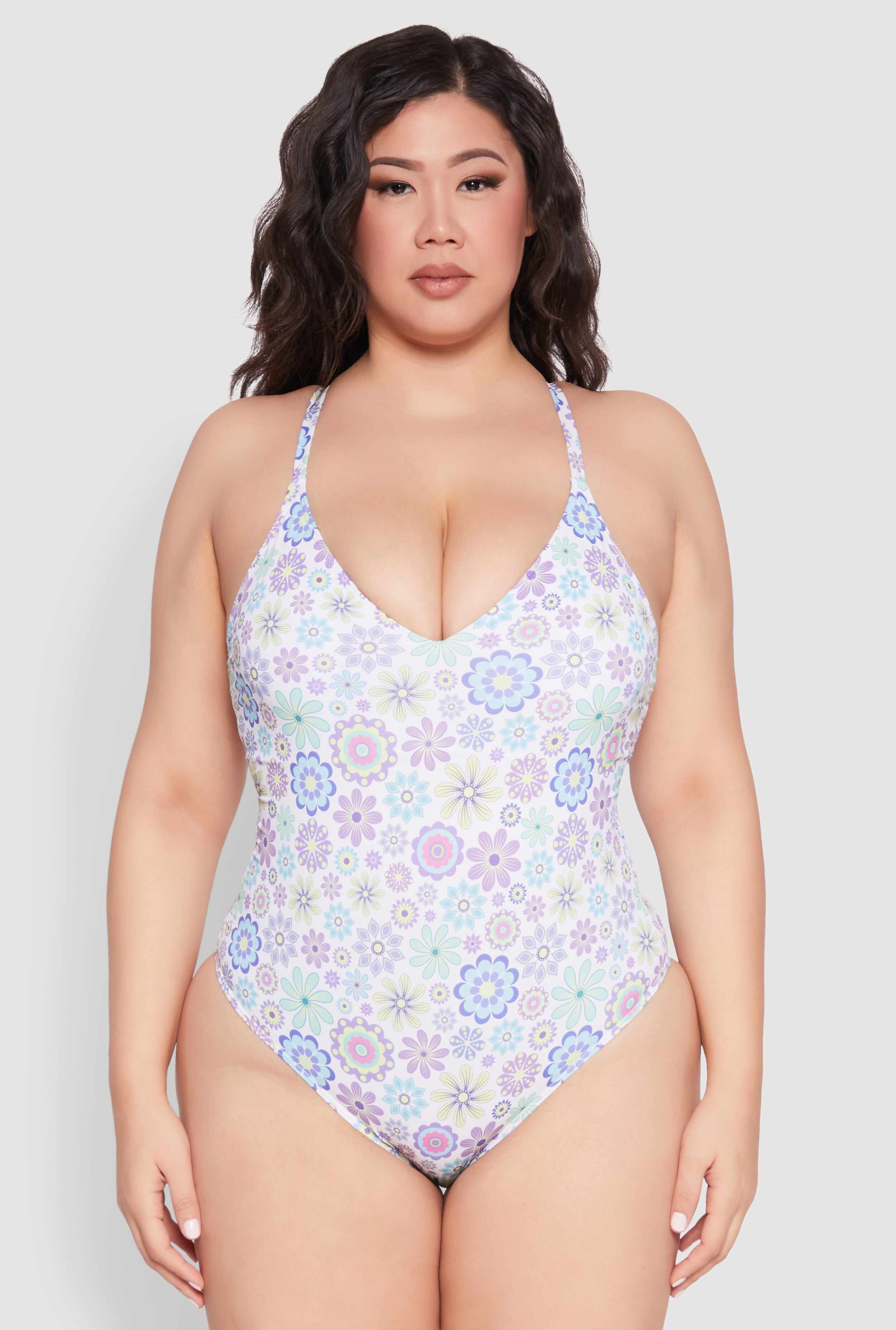 Plus Size Retro Floral V Neck One Piece Swimsuit