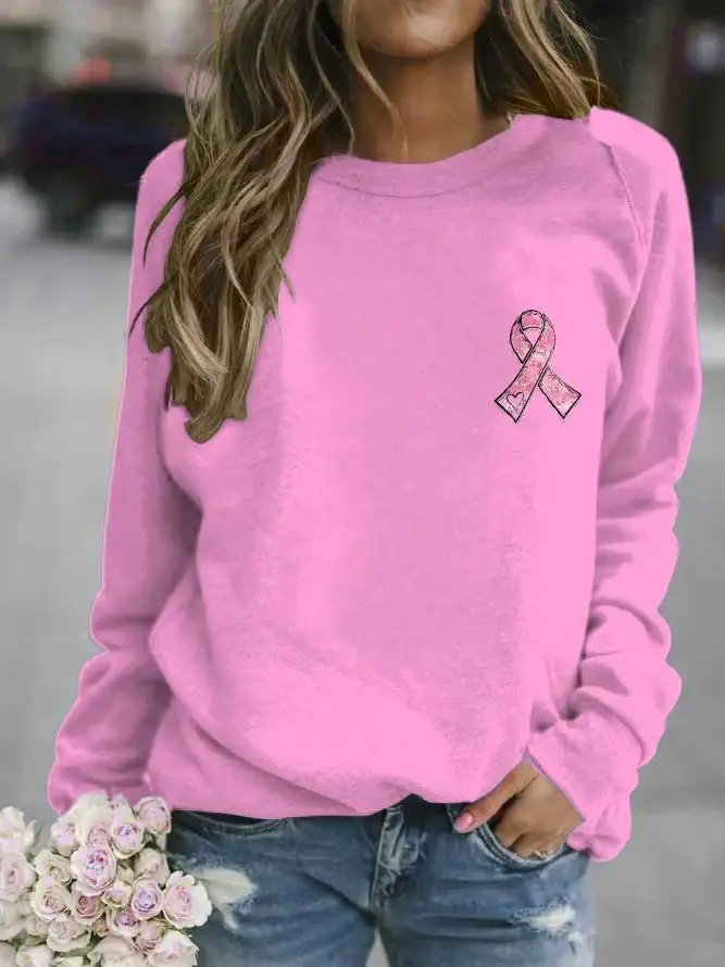 Women's Pink Ribbon Breast Cancer Awareness Warrior Supporter Print Casual Sweatshirt