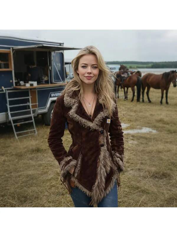 Women's Vintage Suede Coat Fur Collar Lapel Coat Beggar Style Coat