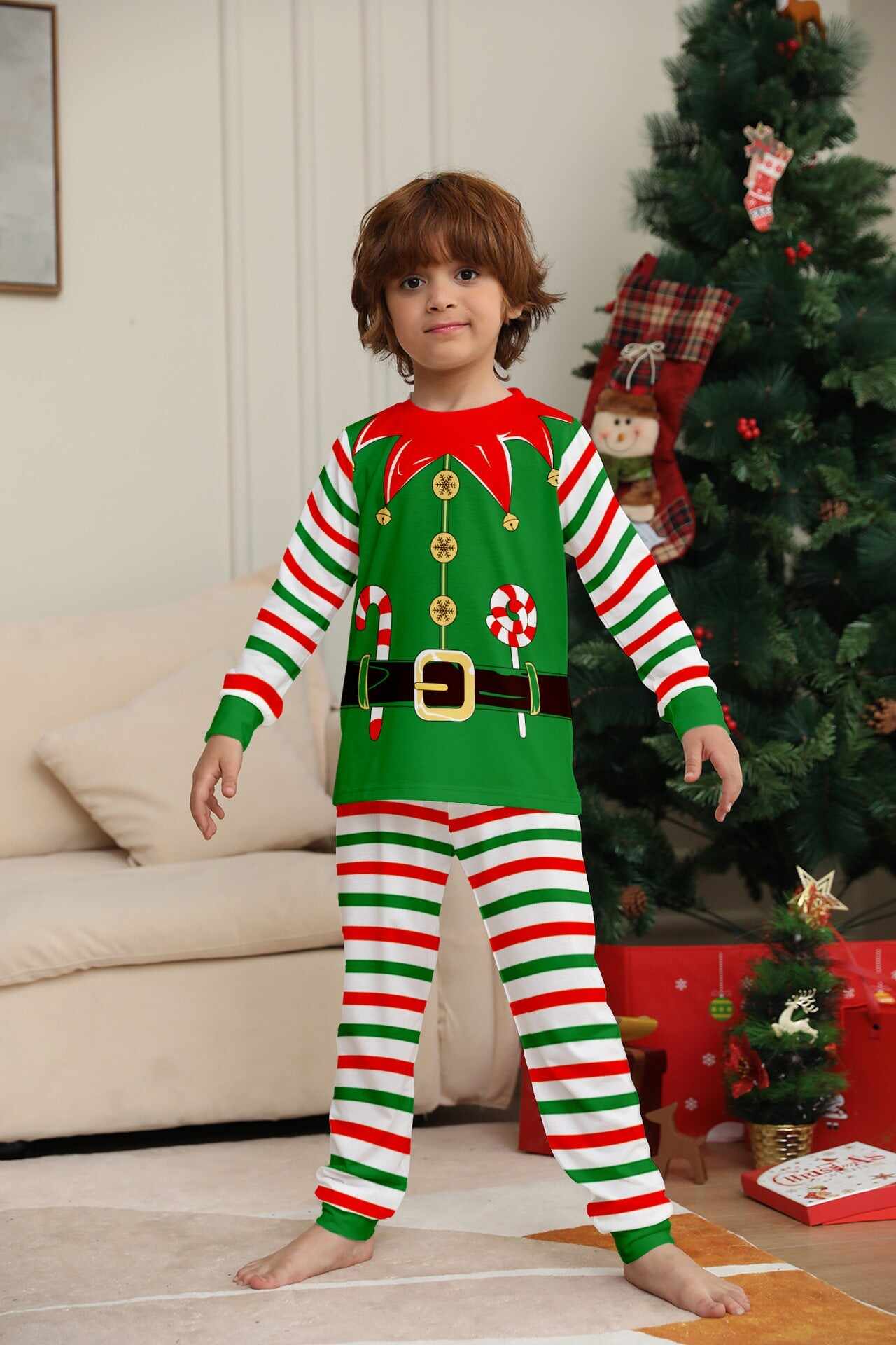 2024 3D Print Christmas Family Pajamas Red Green Striped Crutch Xmas Pajamas