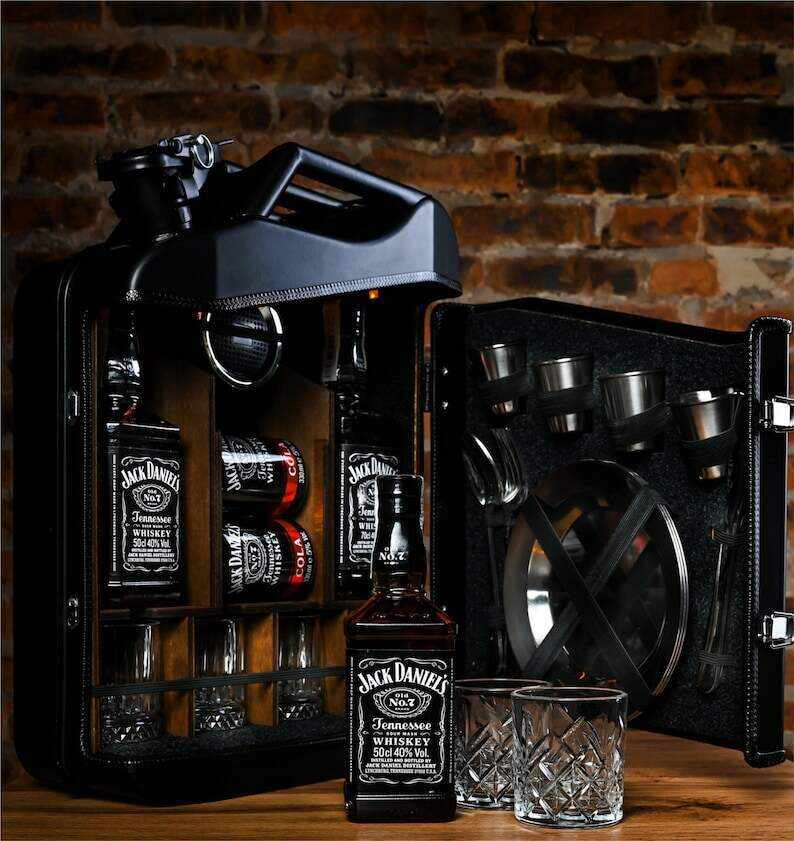 20 L Gift Black Matte Mini Bar Jerry Can, Metal Mini Bar With Wood Inside With Picnic Set, Custom Fuel Bar, Canister Bar Jerry Can