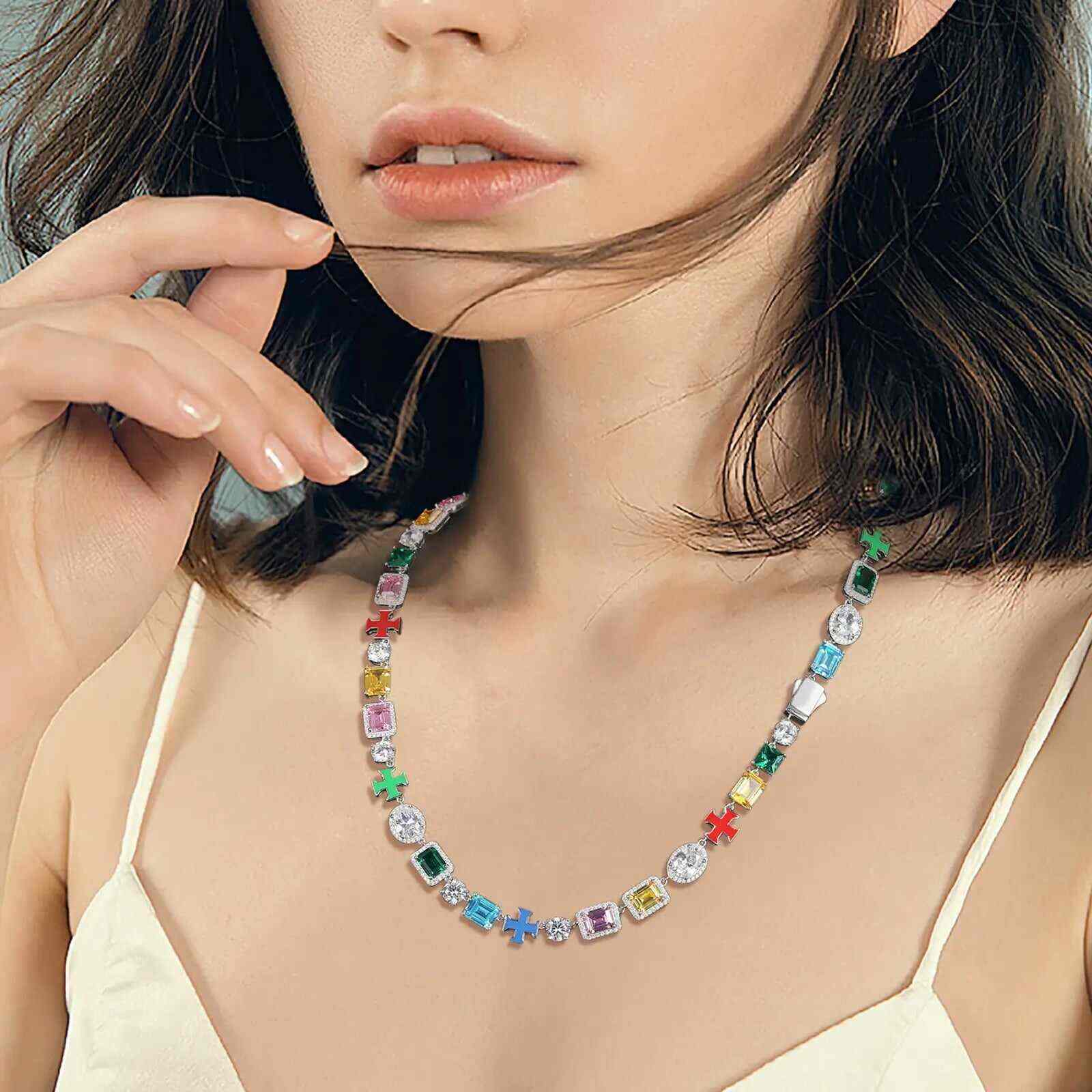 TestTest 10mm S925 Moissanite Enamel Cross Colorful Gemstone Tennis Chain