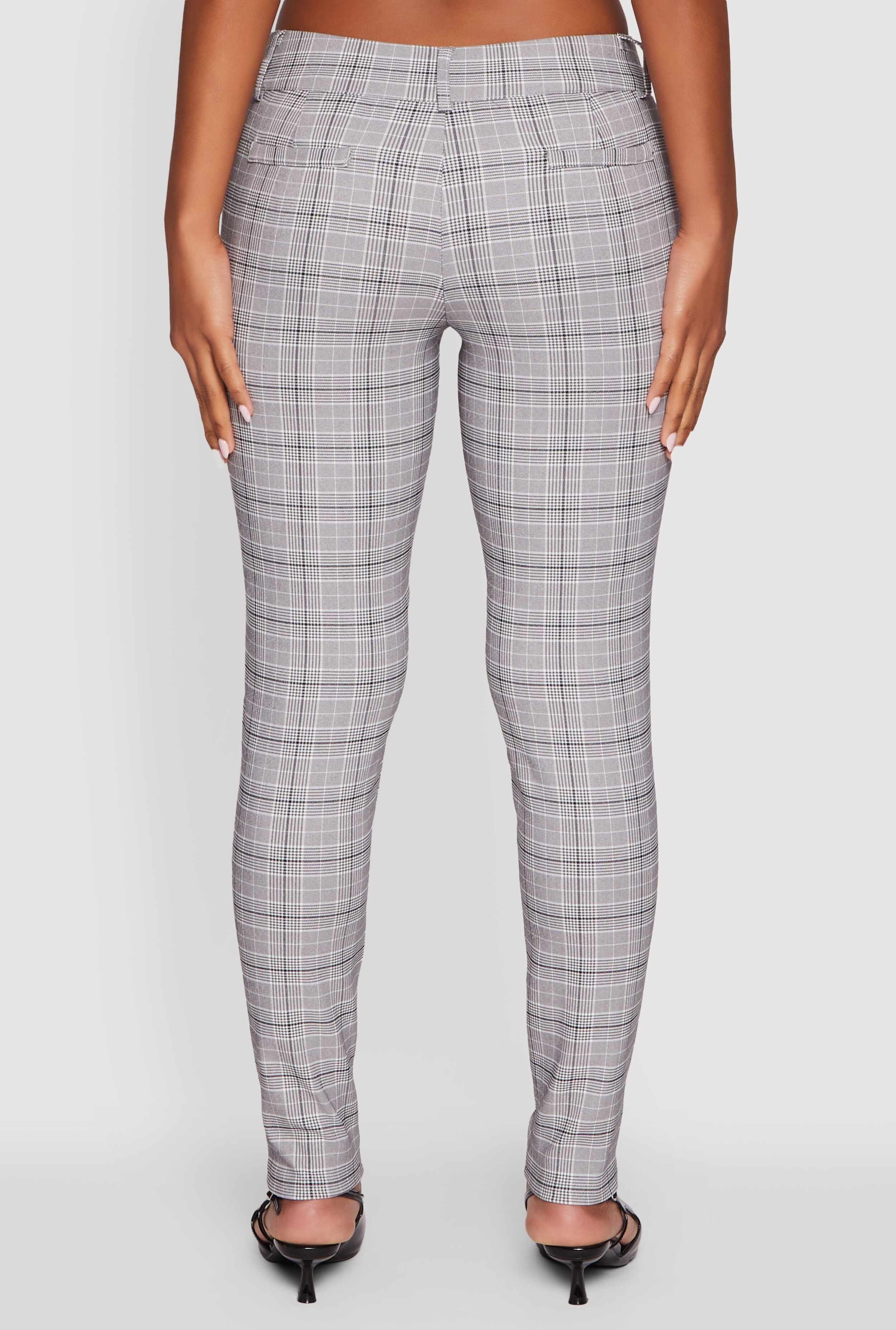 Mid Rise Plaid Skinny Dress Pants