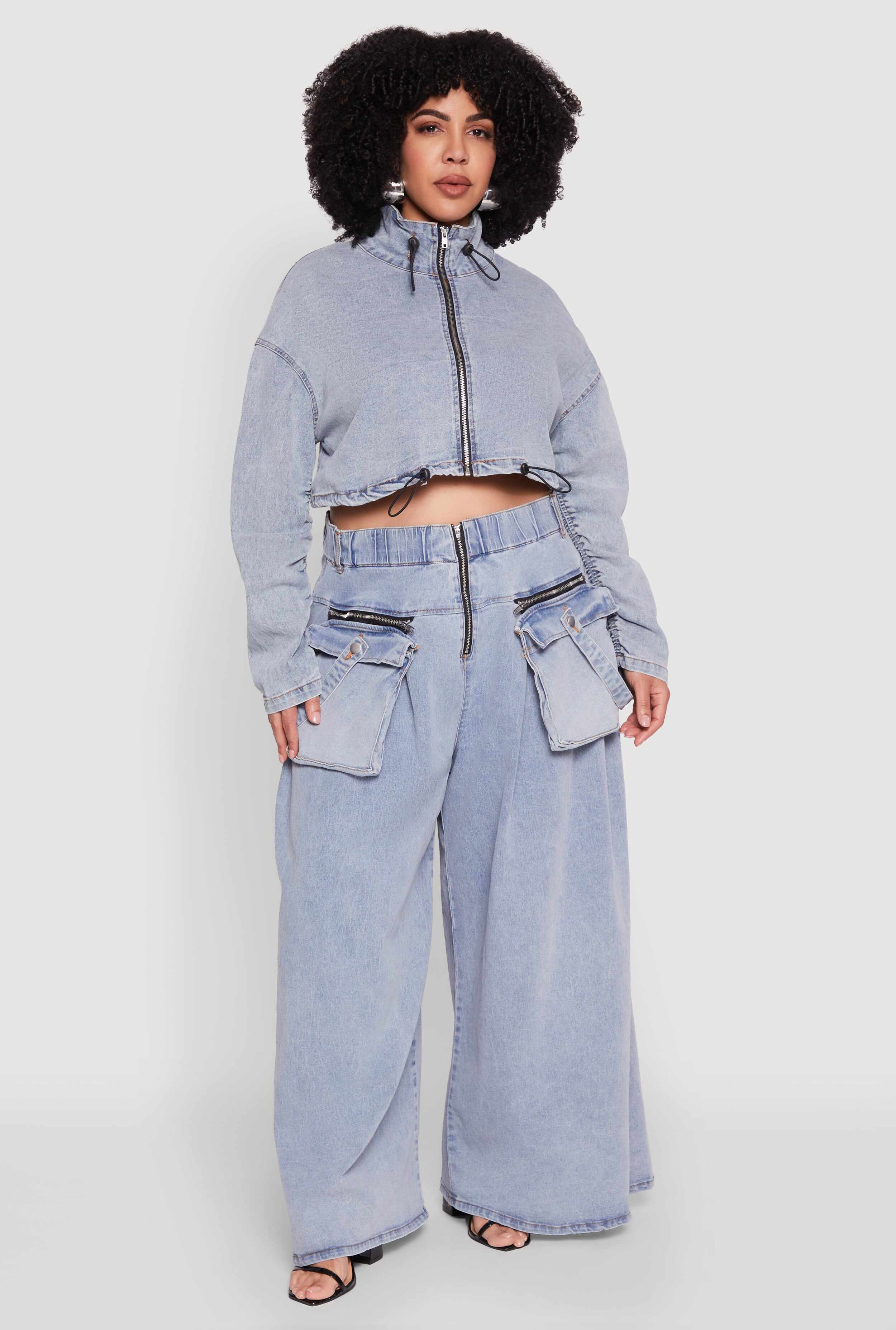 Plus Size Spoon Jeans Drawstring Cropped Jacket
