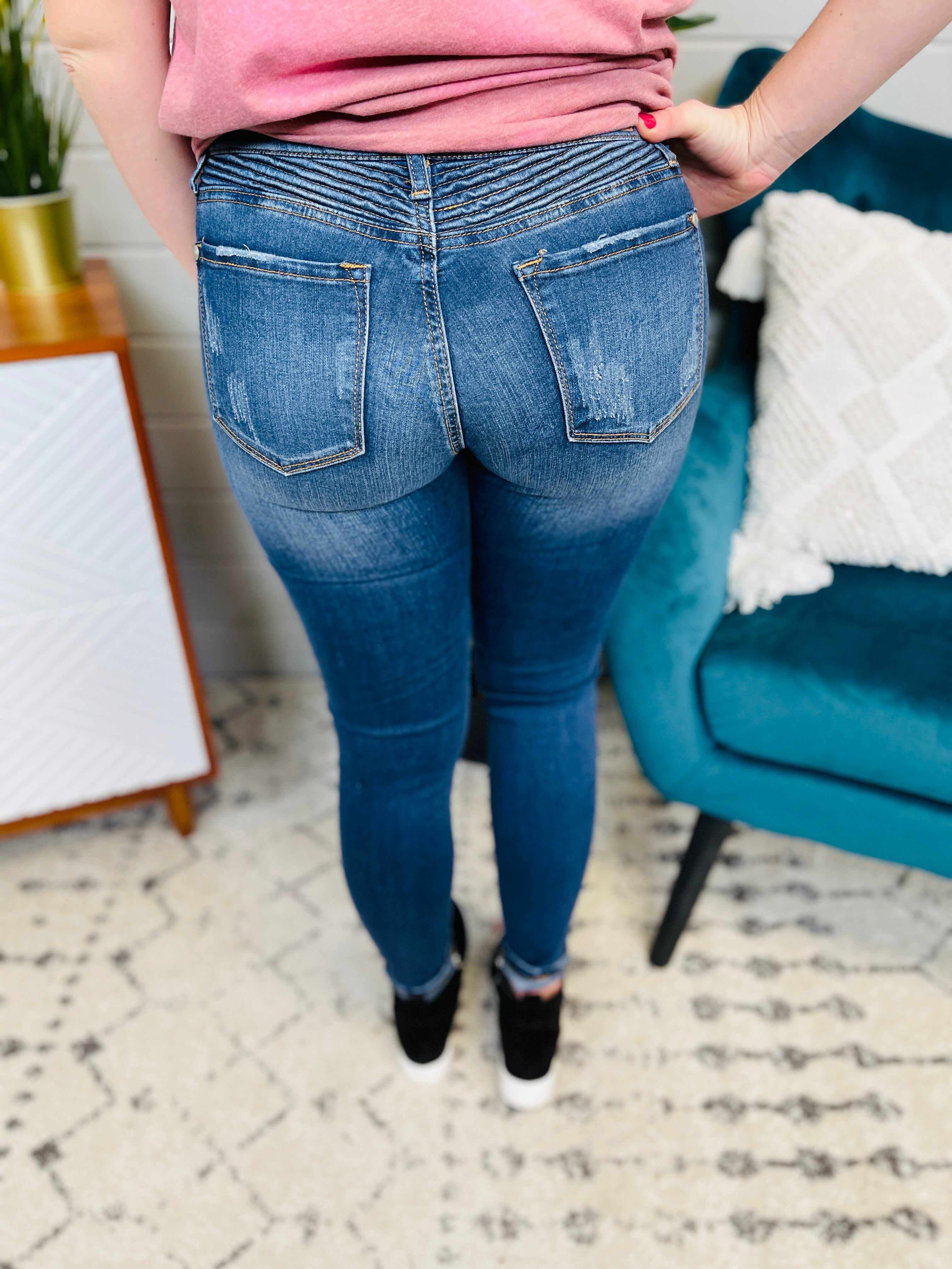 Mid Rise Destroyed Moto Skinny Jeans