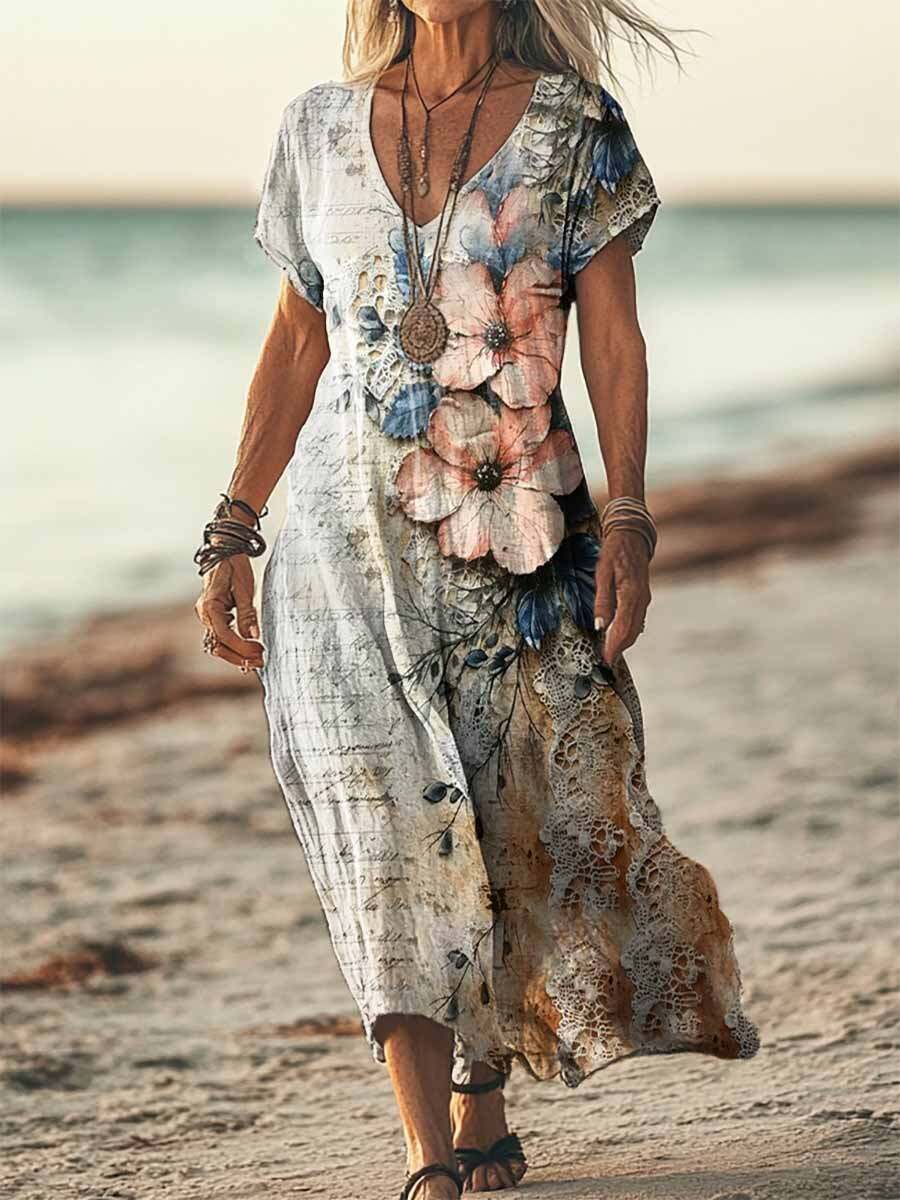 Women's Bohemian Floral Textured Art Patterns Print Short Sleeve Pocket Cotton Linen Dress