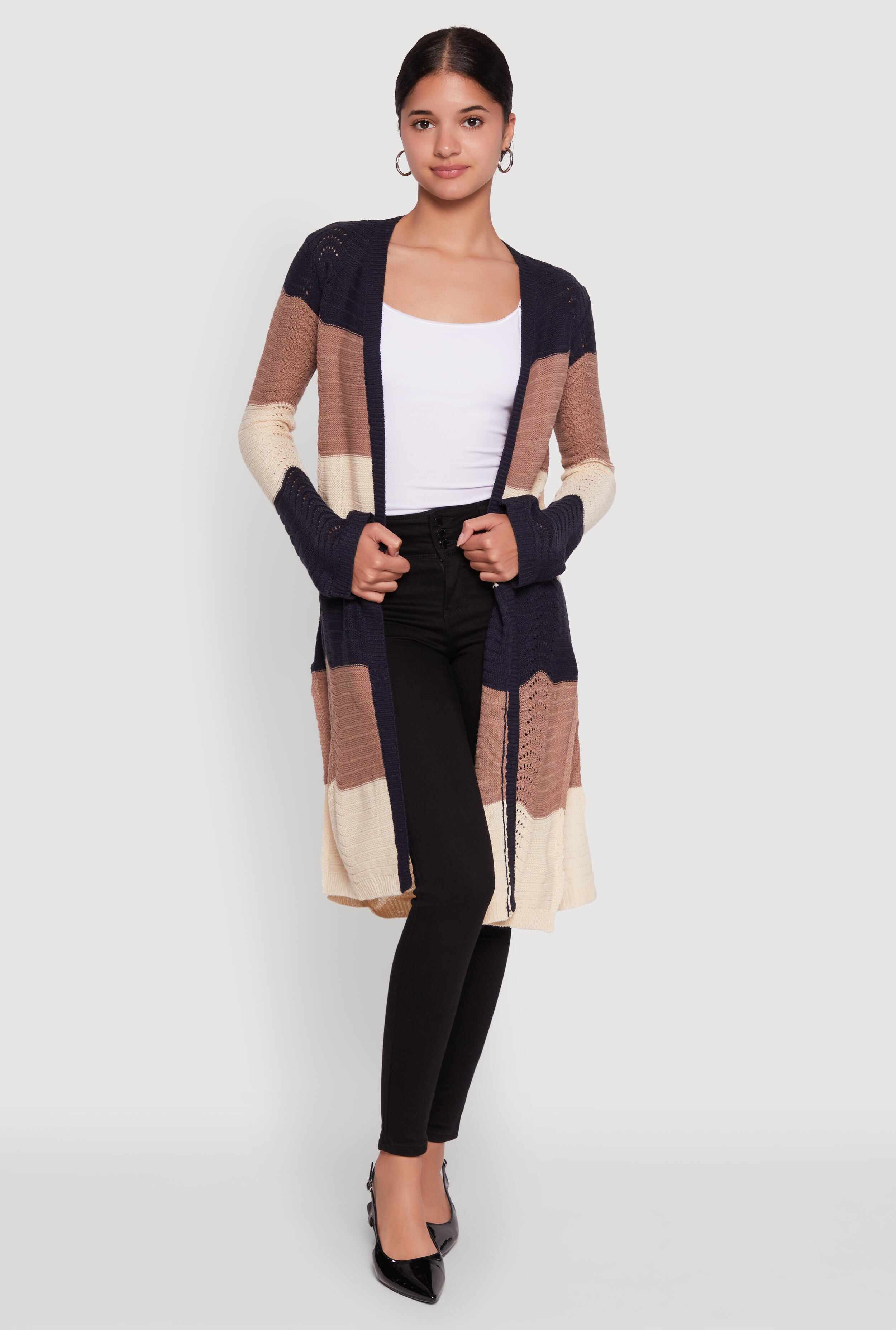 Trendy Crochet Color Block Long Sleeve Duster