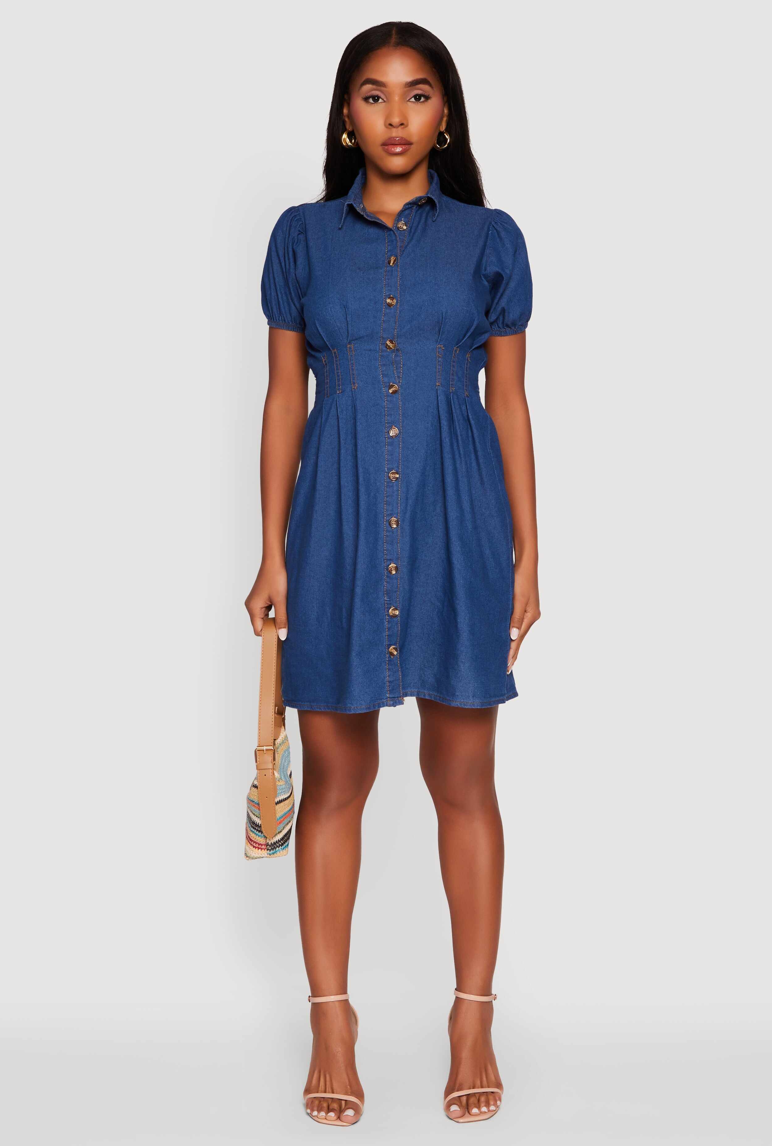 Chambray Short Puff Sleeve Shirt Dress