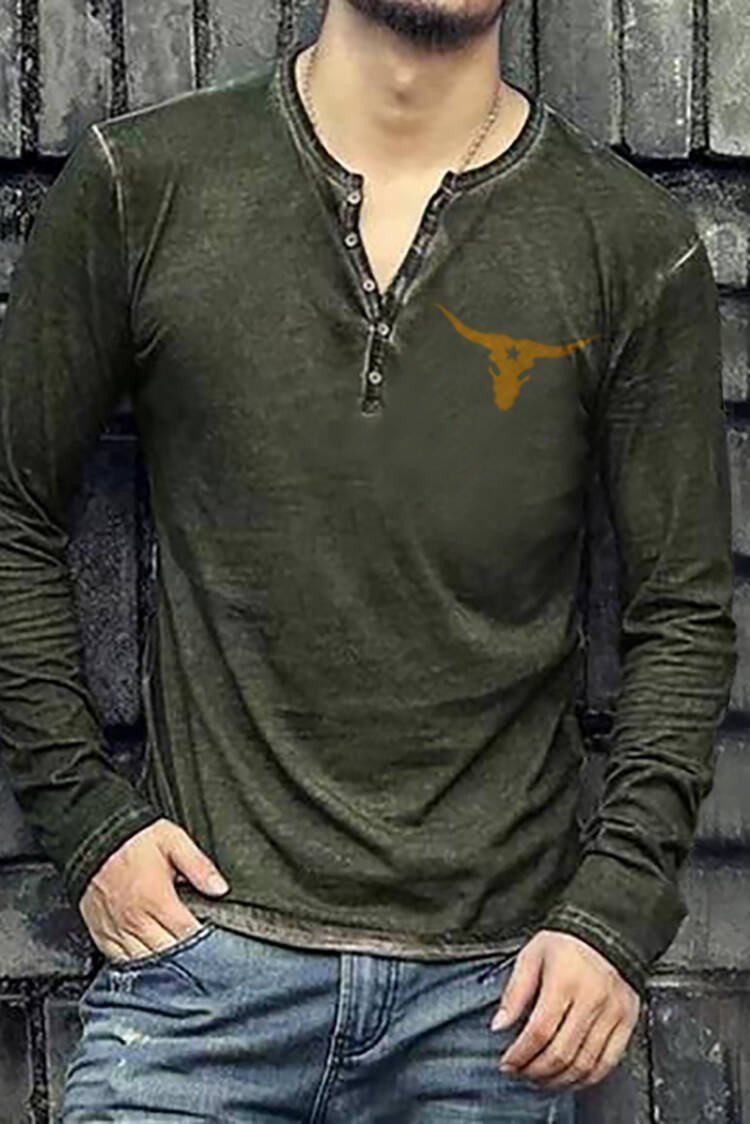 Western Bull Head Print  Henry Collar T-Shirt