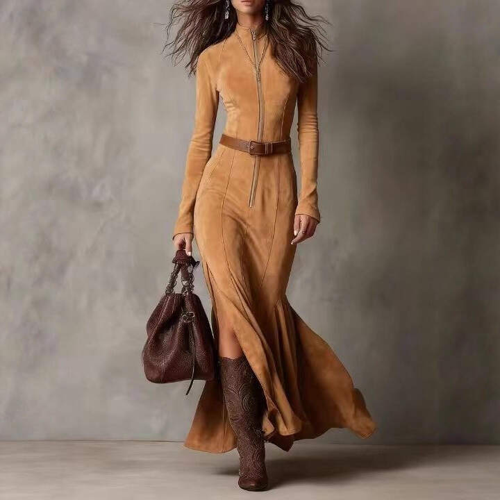 Vintage Brown Zipper Belted Maxi Dress