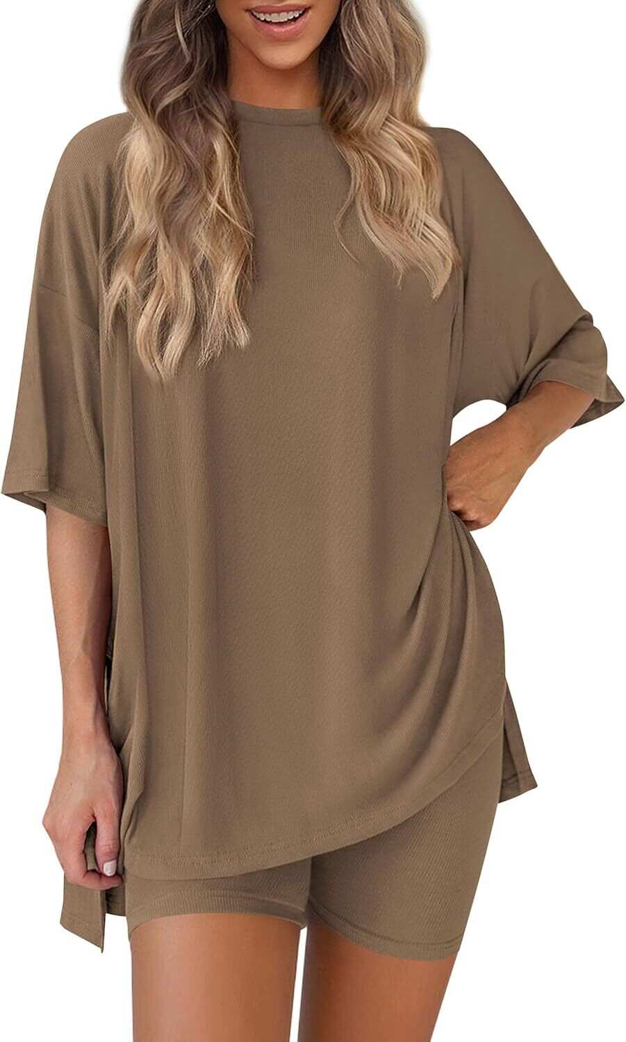 🔥Flash sale🔥Women's Two Piece Lounge Set 2026 Summer Casual Oversized Shirts  Biker Shorts Matching Airport Travel Outfit