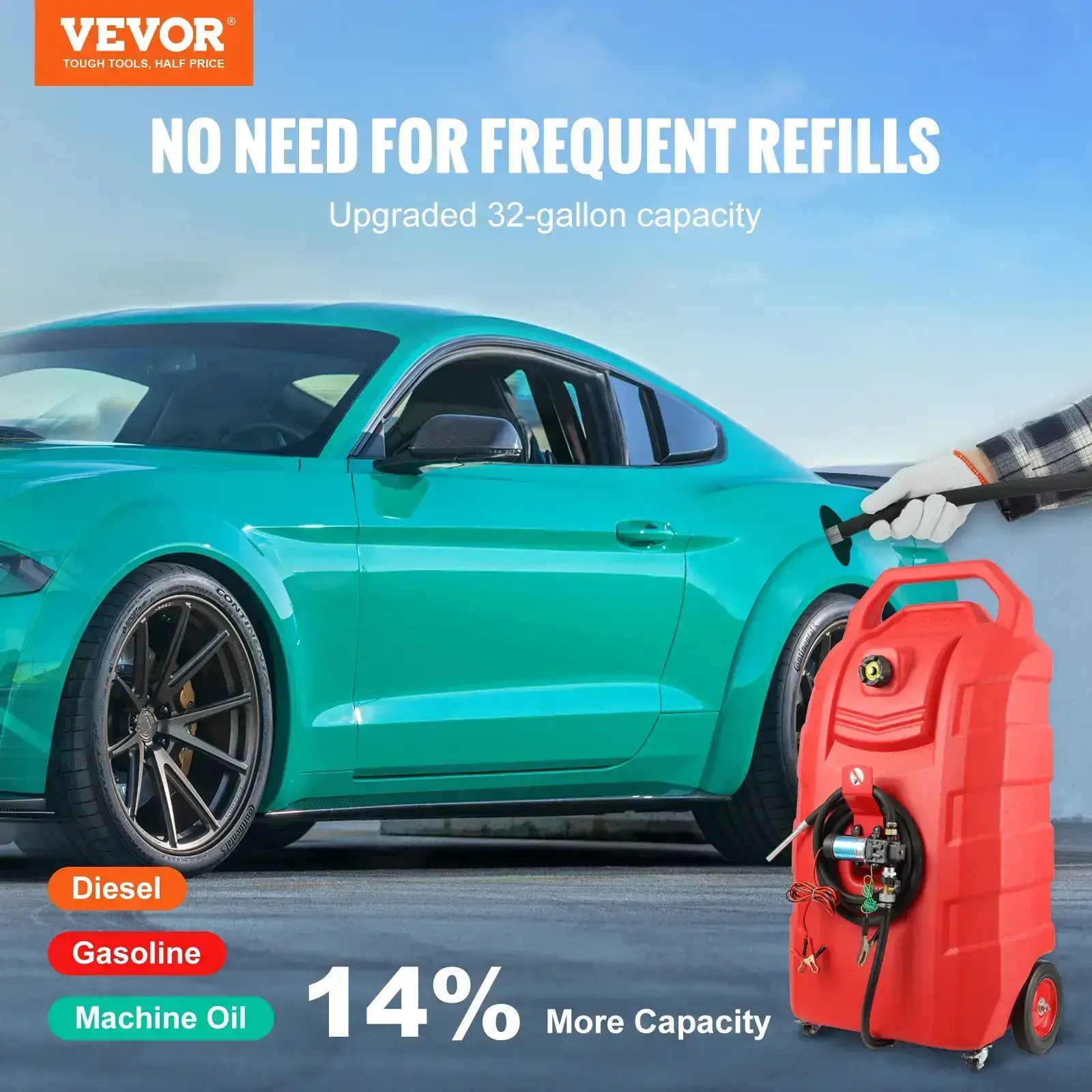 Fuel Caddy,, 32 Gallon, Portable Fuel Storage Tank On-Wheels, with 12V DC Transfer Pump, Gasoline Diesel Fuel Container with 8.2 ft Hose, Flow Rate 7L/min, for Trucks, Boats, Lawn Mowers